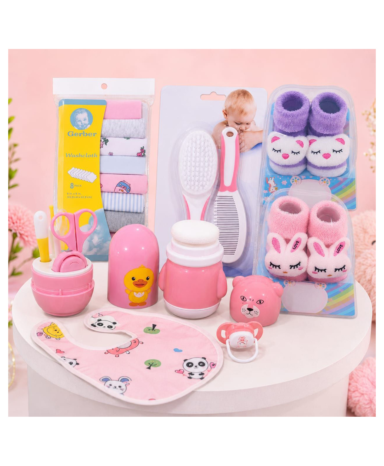 Sparkle Joy Premium Baby Gift Combo Set for Newborn | Grooming Kit, Washcloths, Bib, Soft Booties & Baby Care Essentials | 0+ Months | Pink-image-31