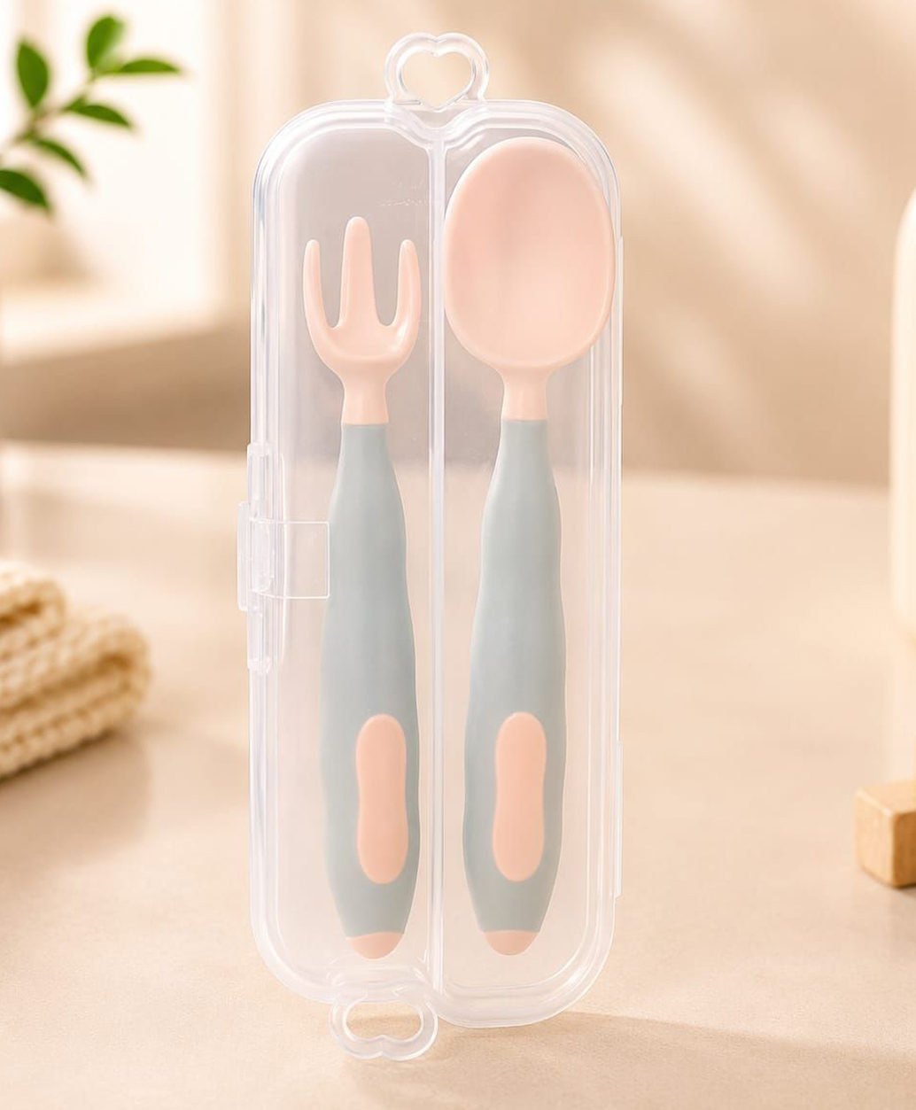 Sparkle Joy Baby Flexible Training Spoon & Fork Set with Portable Storage Case | BPA Free Self Feeding Cutlery for Toddlers | Soft Grip Handle | Pink | 6+ Months Grey-image-13
