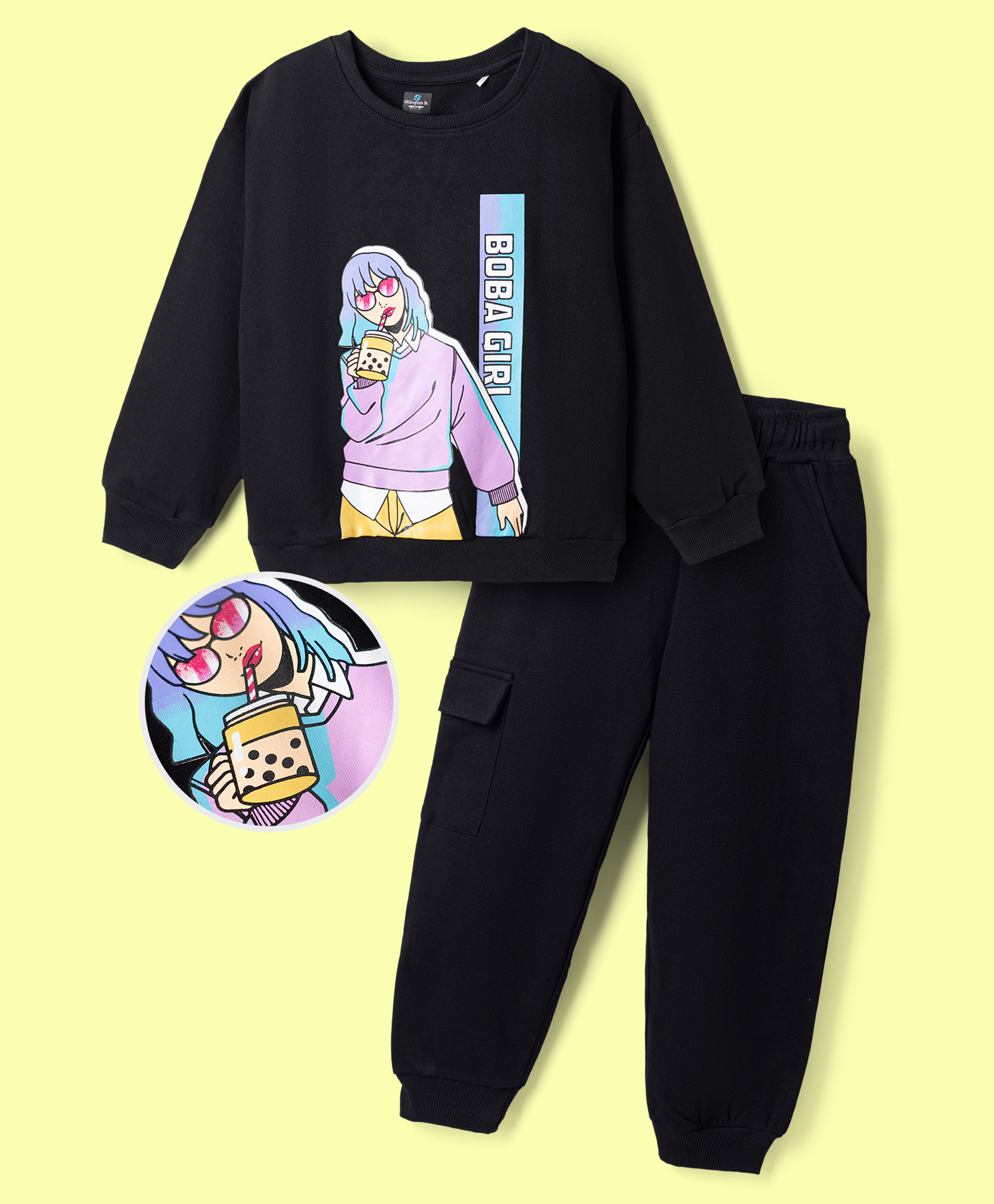 OLLINGTON ST. Cotton Looper Knit Full Sleeves Printed Winter Wear Suit - Black-image-28