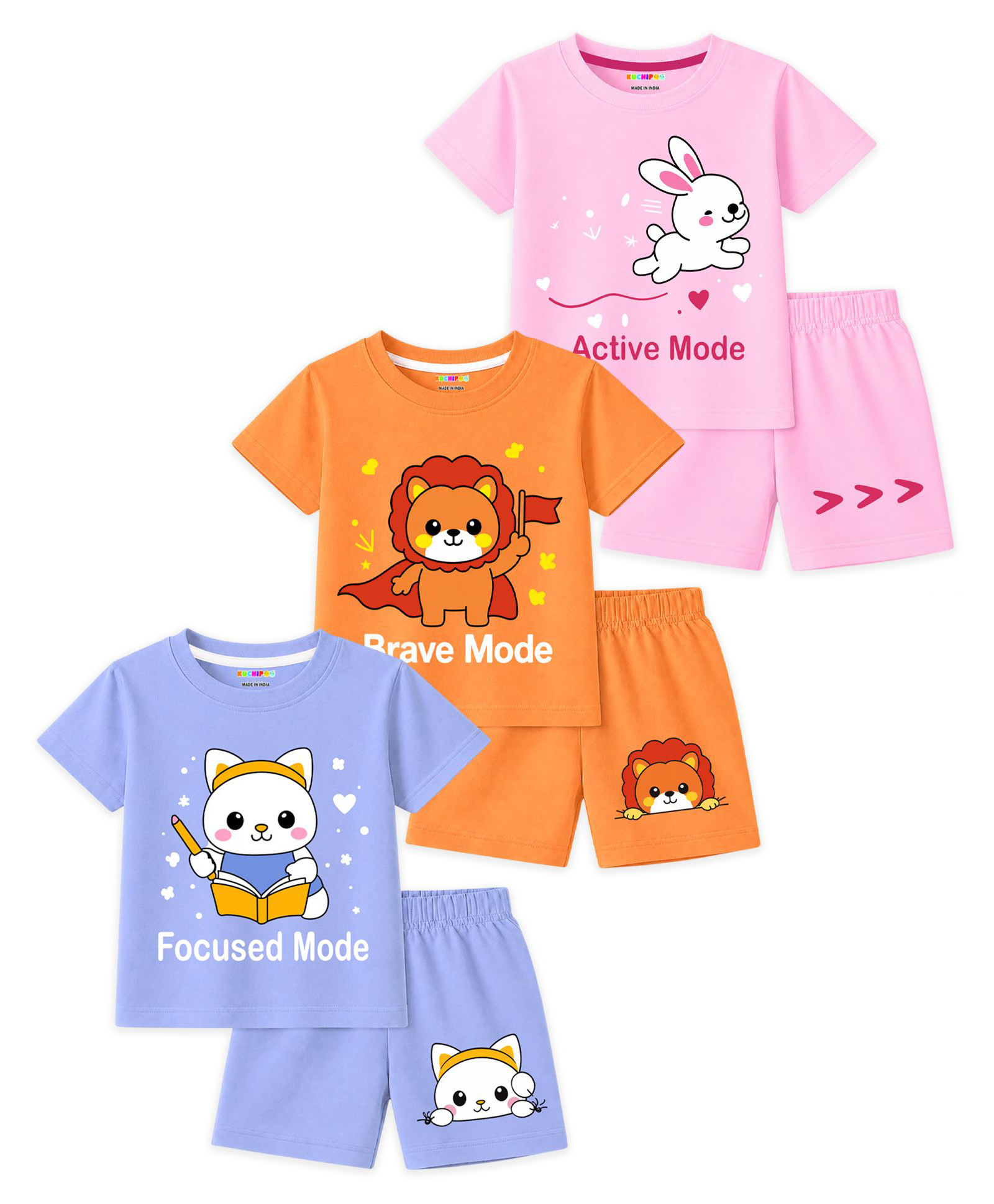 KUCHIPOO Cotton Blend Knit Pack Of 3 Half Sleeves Animals Printed Tees & Shorts Set - Pink Orange Lavender-picture-35