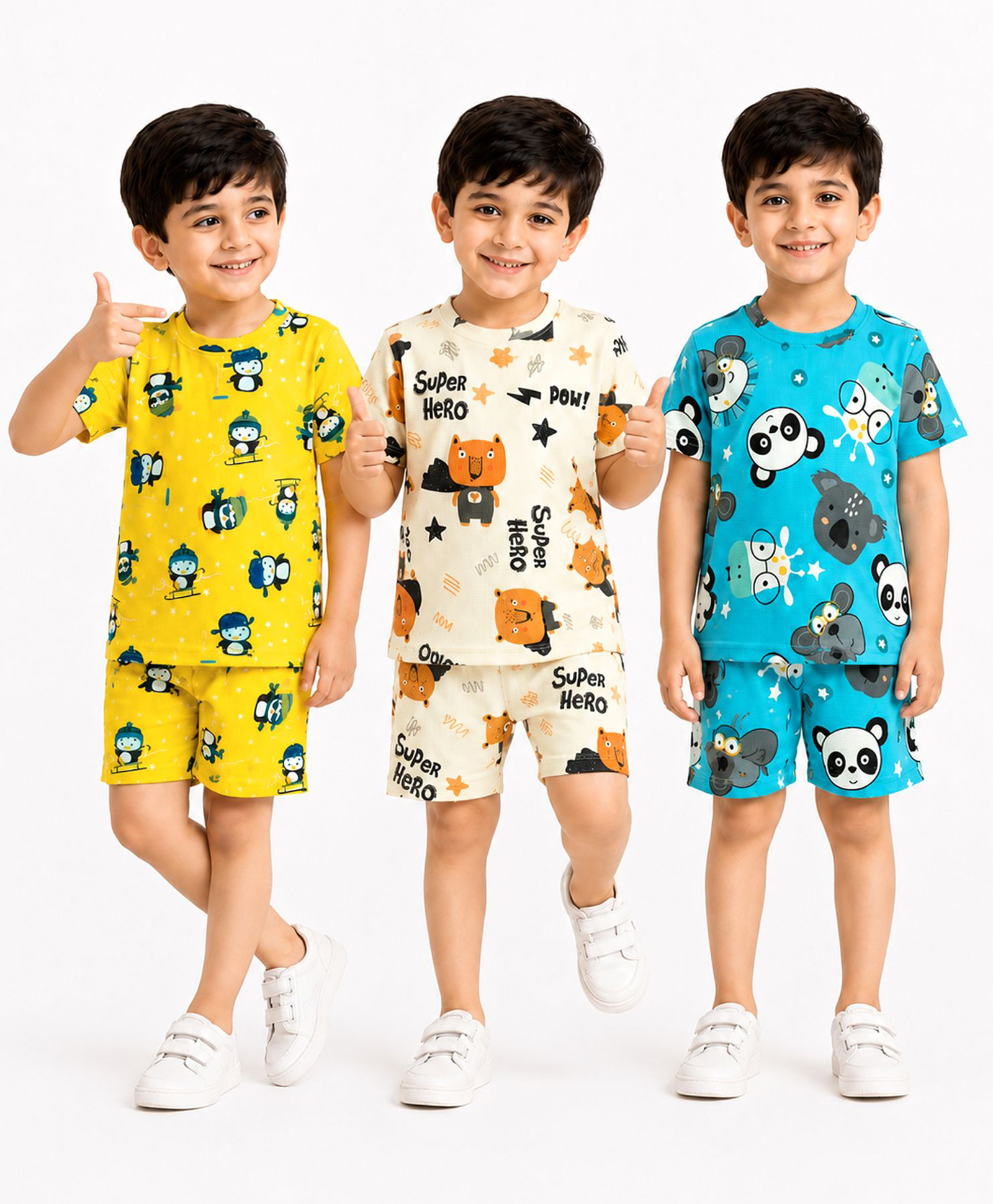 KUCHIPOO Cotton Blend Knit Pack Of 3 Half Sleeves Animals Printed Tees & Shorts Set - Yellow Cream & Teal-image-42