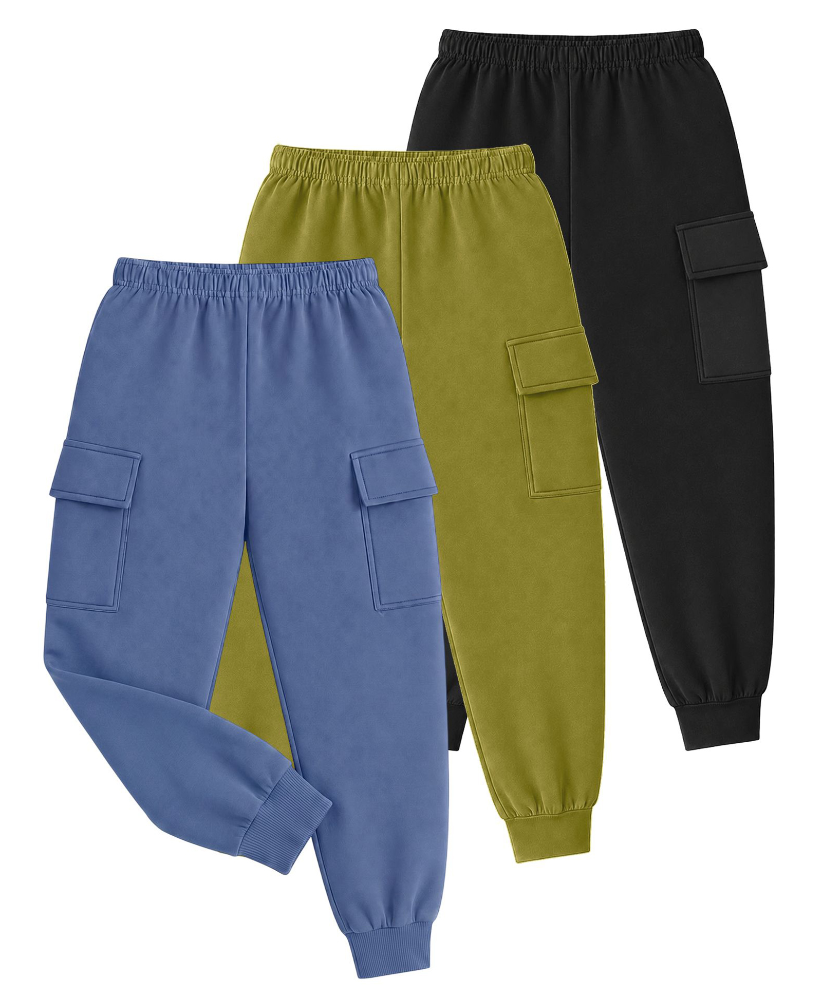 KUCHIPOO Cotton Blend Knit Pack Of 3 Solid Cargo Style Joggers - Blue Olive Green & Black-picture-16