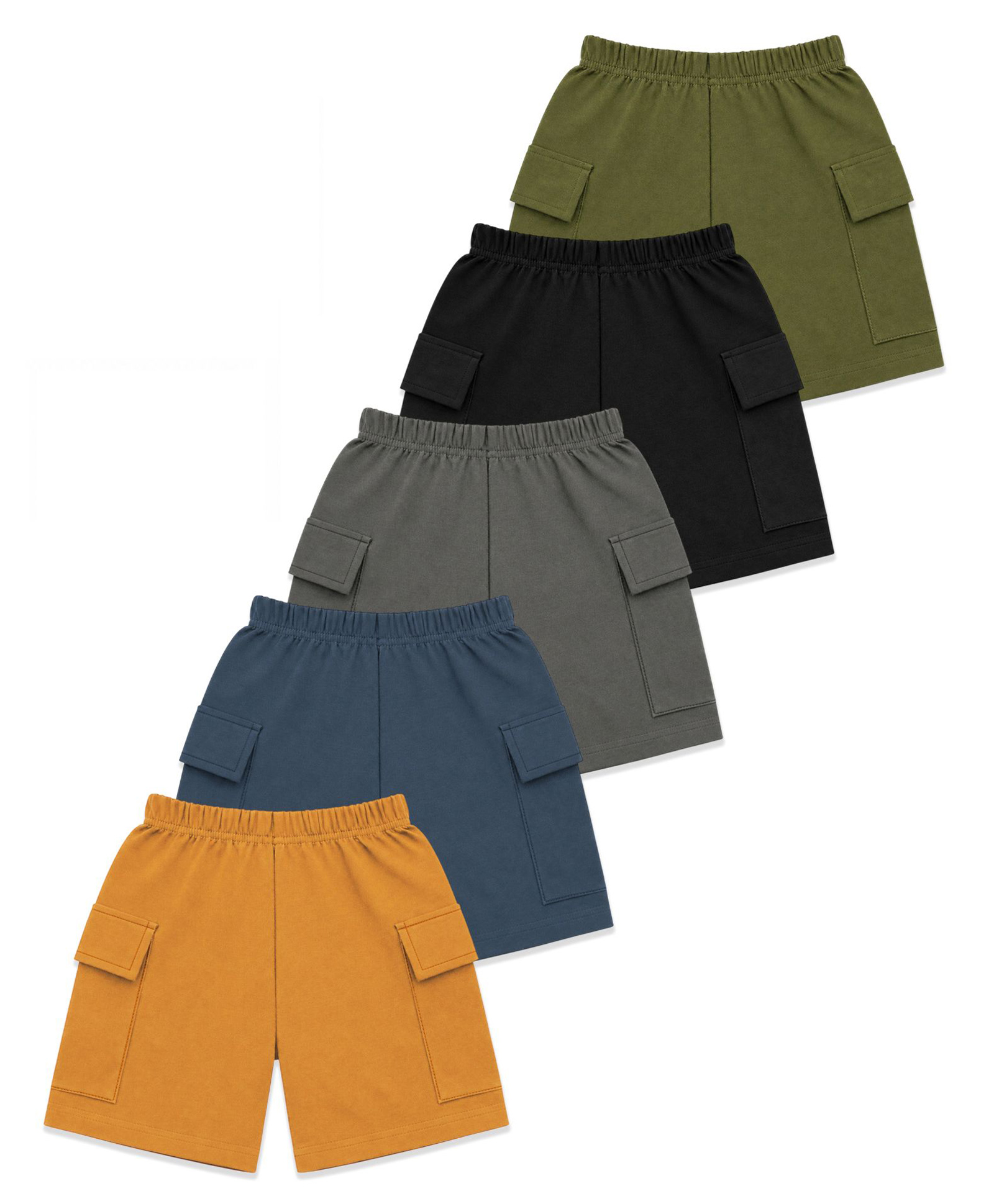 KUCHIPOO Cotton Blend Knit Pack Of 5 Solid Cargo Shorts - Mustard Steel Blue Charcoal Grey Black & Olive Green-picture-38