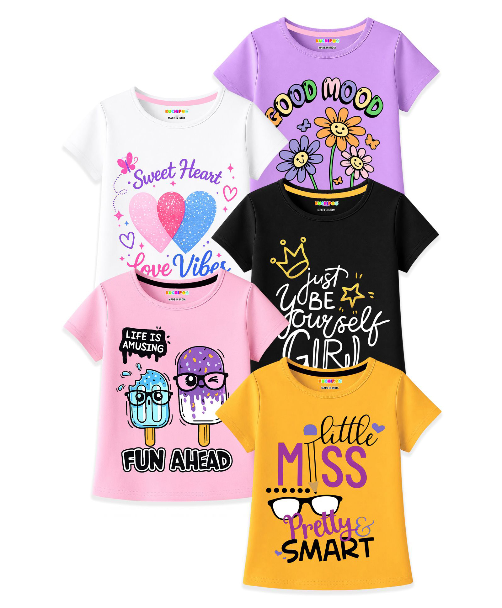 KUCHIPOO Cotton Blend Knit Pack Of 5 Typography & Hearts Printed Tees - White Lavender Black Pink & Yellow-image-45