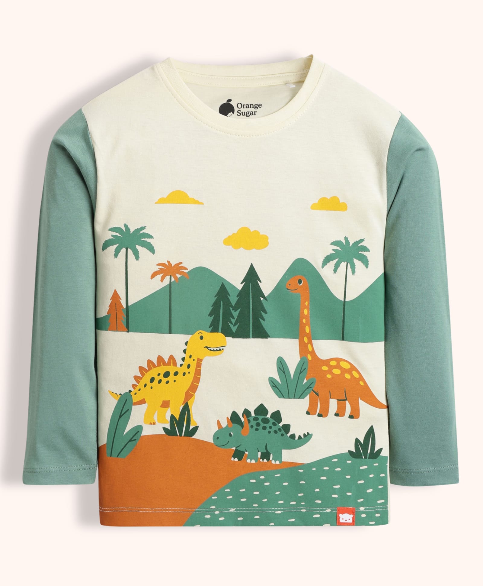 Orange Sugar Cotton Knit Full Sleeves Dinosaur Printed Tee - Green & White-image-1