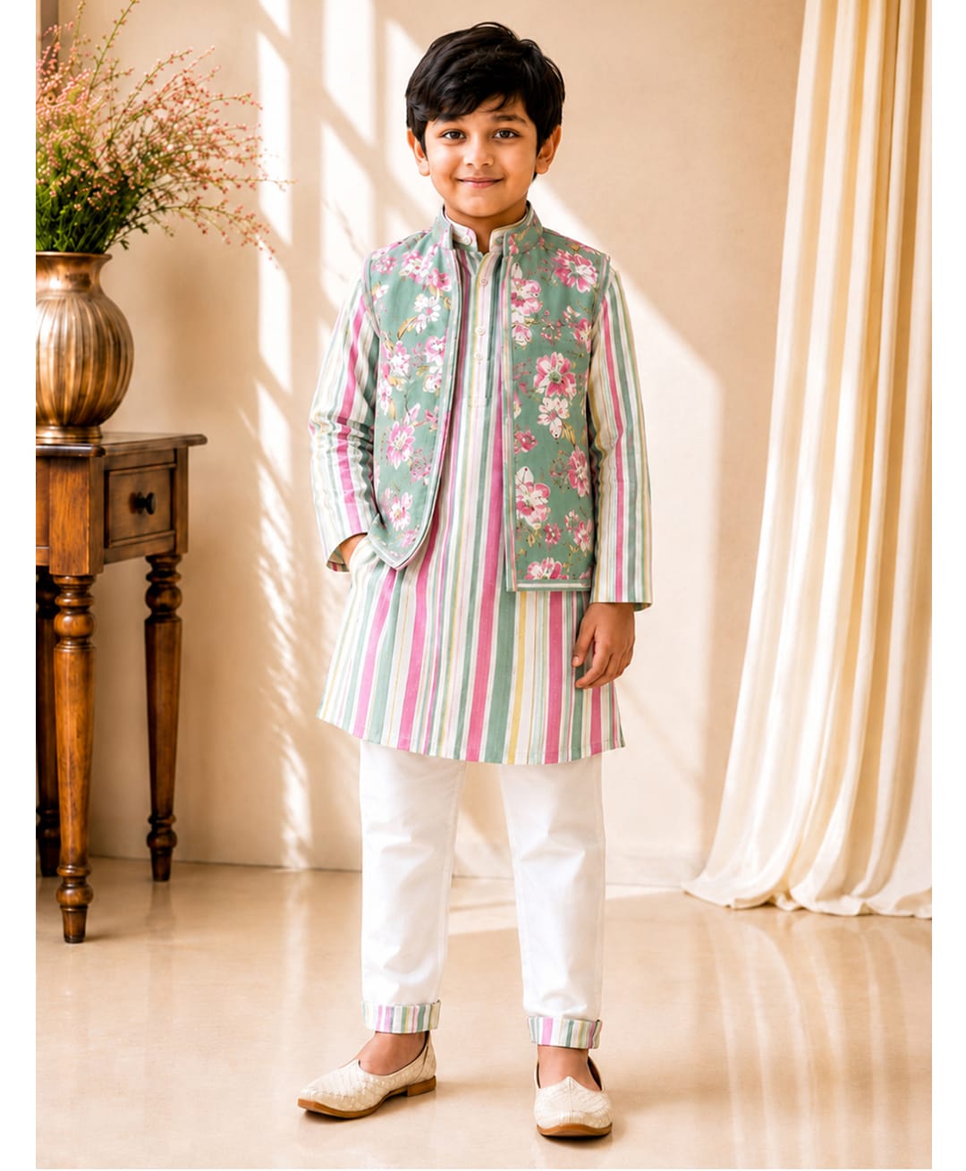 Twisha Cotton Woven Full Sleeves Striped Kurta Pyjama Set With Floral Printed Jacket - Olive Green-picture-12
