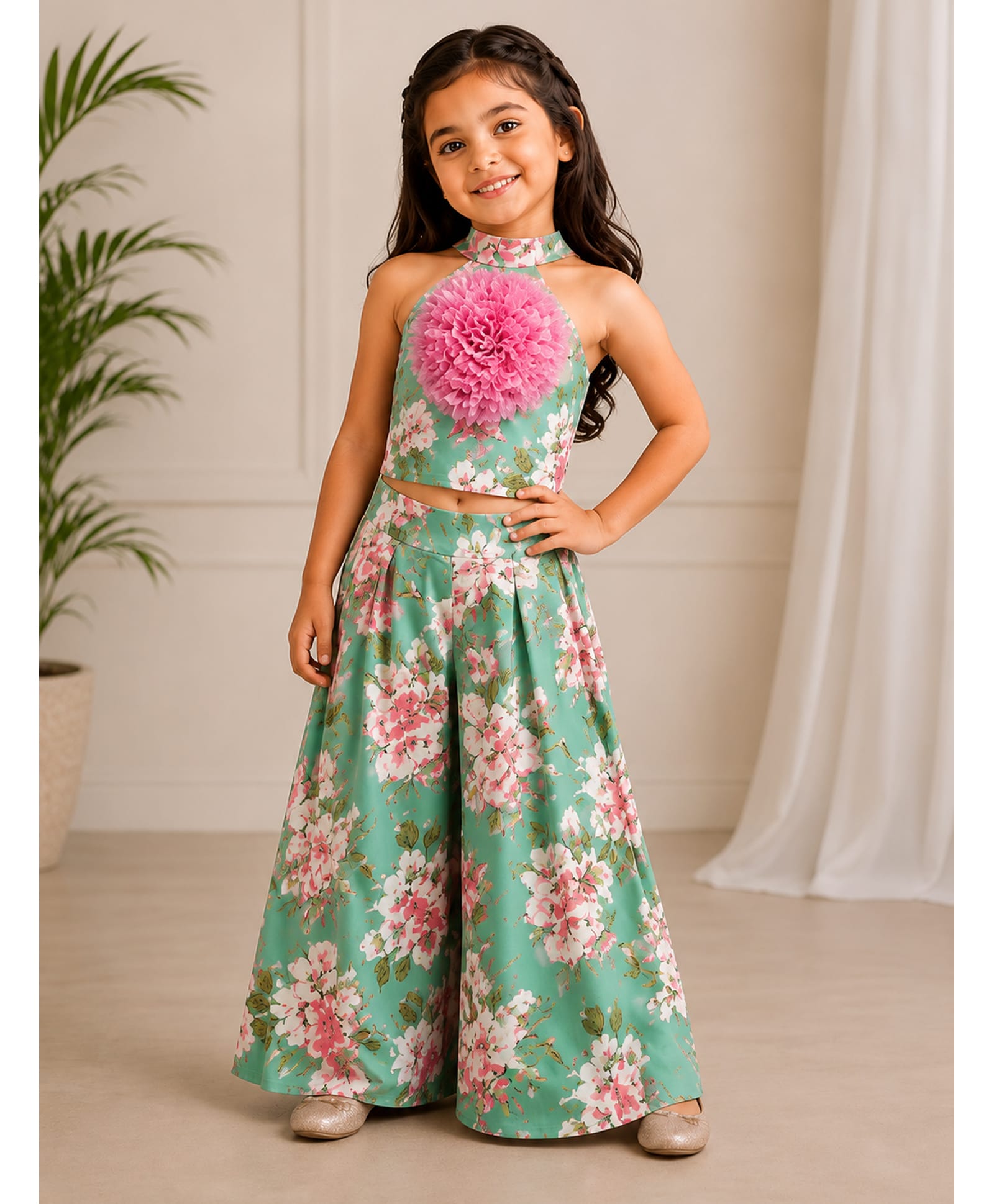 Twisha Cotton Woven Sleeveless Floral Applique Detailed Coordinating Halter Neck Top With Palazzo Set - Olive Green-image-49