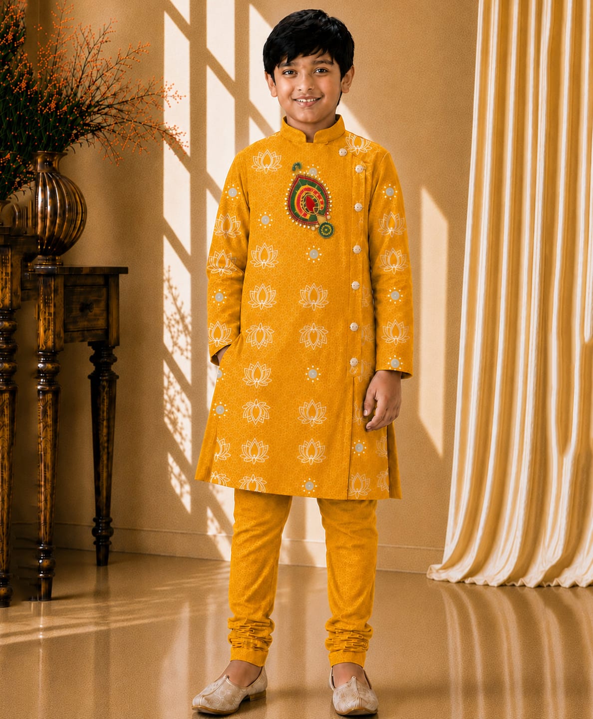 Twisha Woven Full Sleeves Lotus Printed Thread Work Embroidered Kurta & Pyjama Set - Yellow-image-49