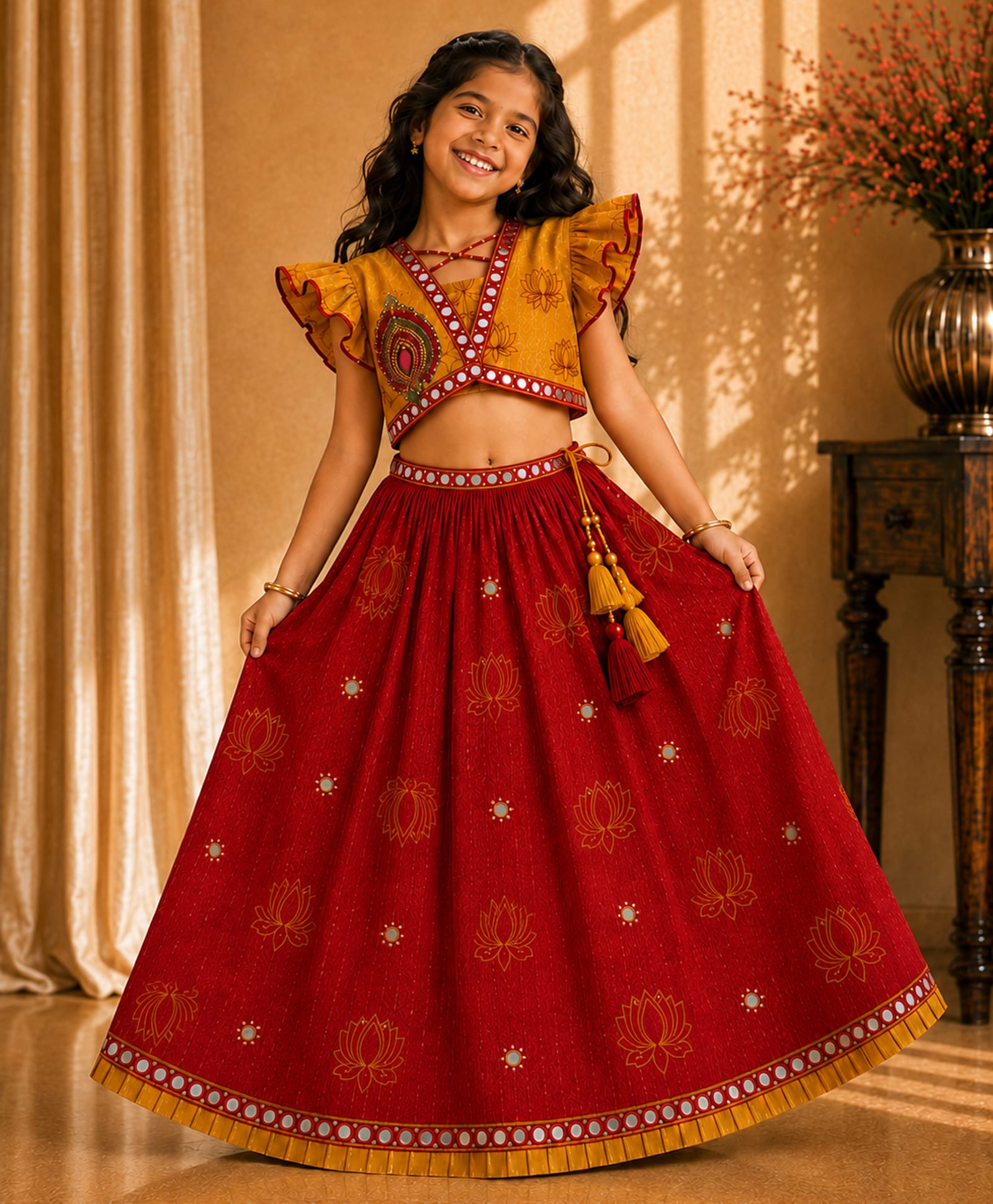 Twisha Woven Half Sleeves Lotus Printed Mirror Work Embellished Lehenga Choli Set -Yellow-image-16