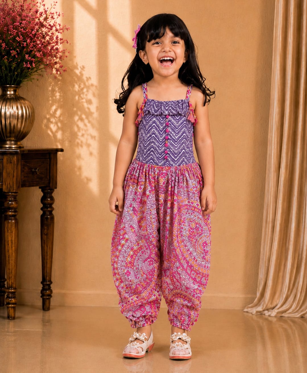 Twisha Cotton Woven Sleeveless Chevron Printed & Frill Detailed Jumpsuit - Pink-picture-11