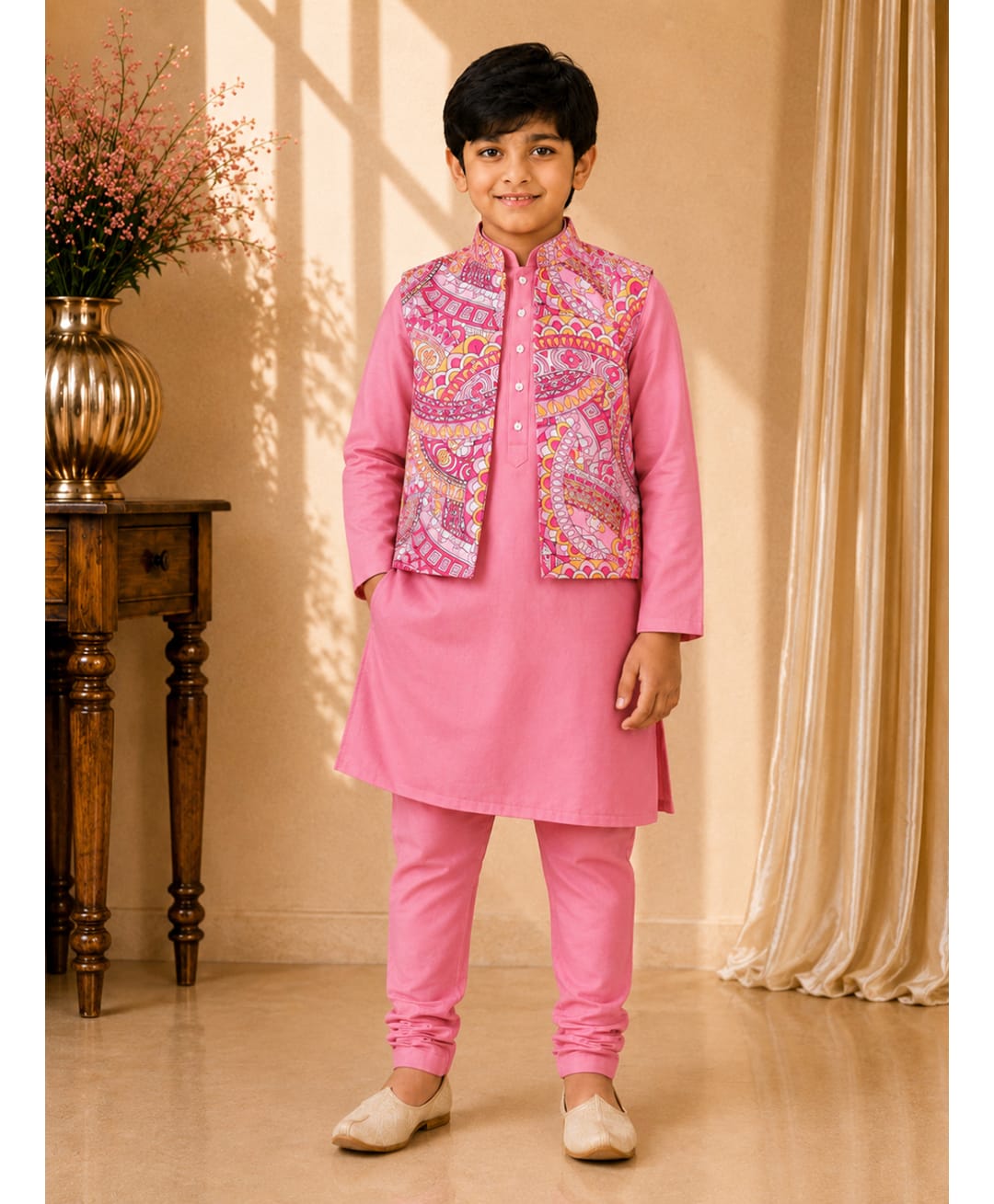 Twisha Woven Full Sleeves Solid Kurta Pajama Set With Ethnic Motifs Printed Jacket - Pink-picture-16