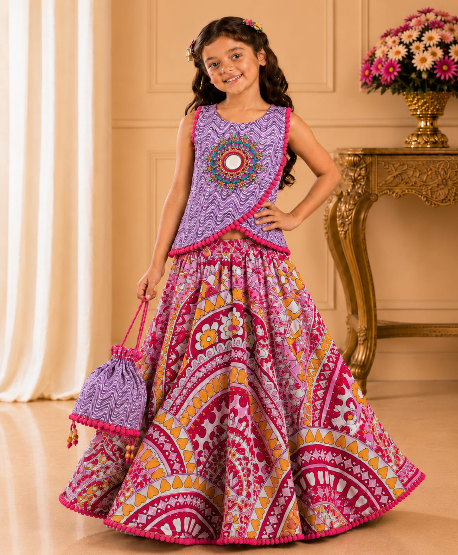 Twisha Cotton Woven Sleeveless Mirror Work & Pom Pom Embellished Lehenga Choli Set - Pink-image-38
