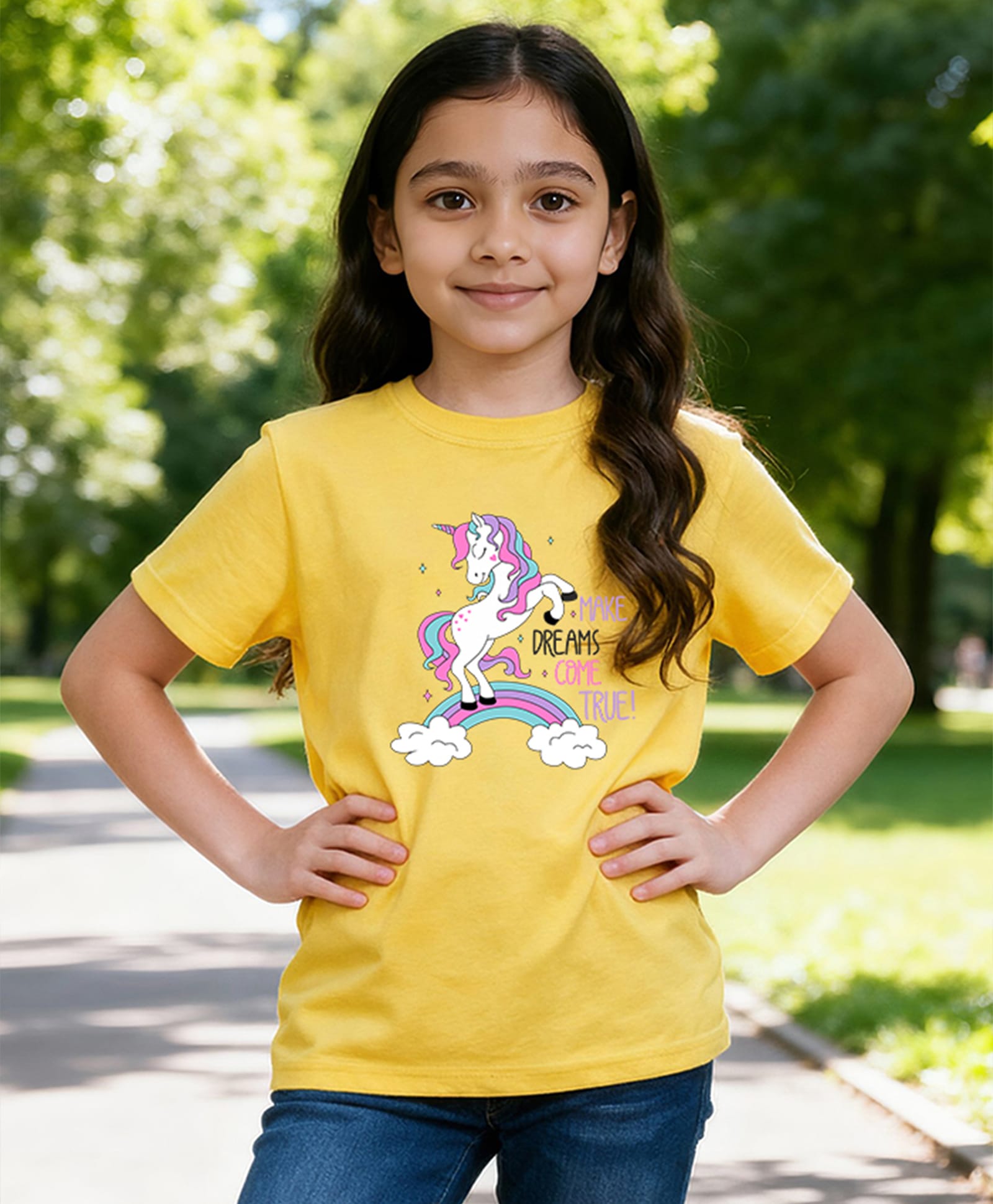 Wear Your Opinion Cotton Knit Half Sleeves Unicorn & Rainbow Printed Tee - Yellow-picture-31