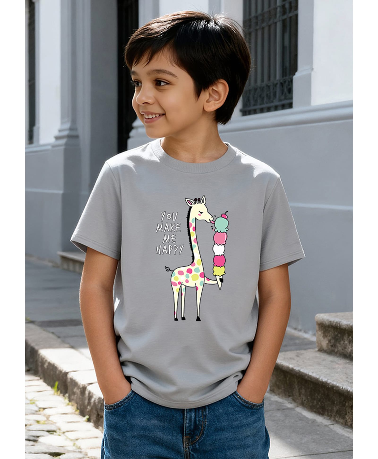 Wear Your Opinion Cotton Knit Half Sleeves You Make Me Happy Text Printed Tee - Grey-picture-12