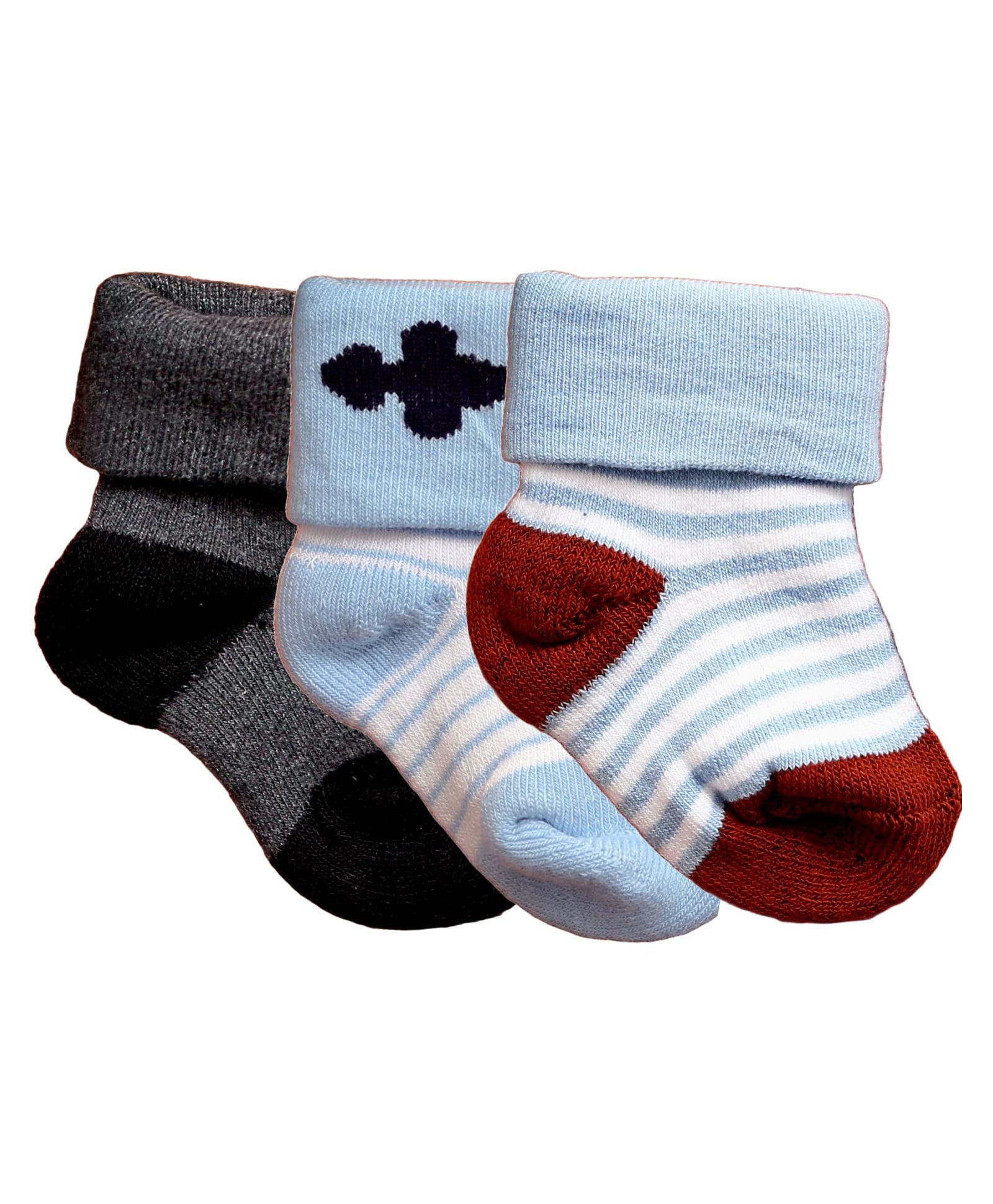 NEXT2SKIN Cotton Pack Of 3 Striped & Colour Blocked Socks - Charcoal Grey Sky Blue & Brown-image-27