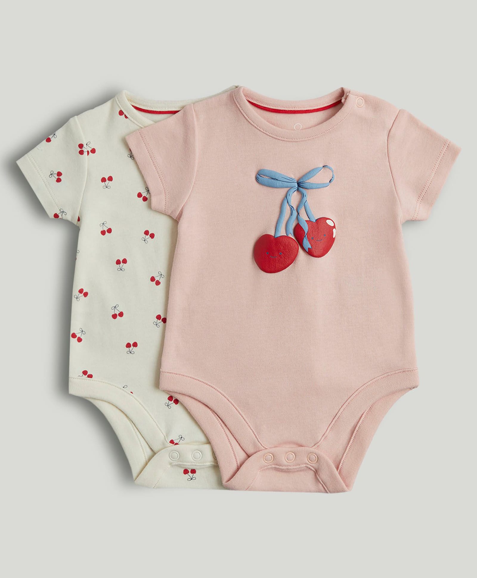 Mothercare 100% Cotton Woven Knit Half Sleeves Onesie With Cherry Print Pack of 2 - Peach & Cream-picture-29