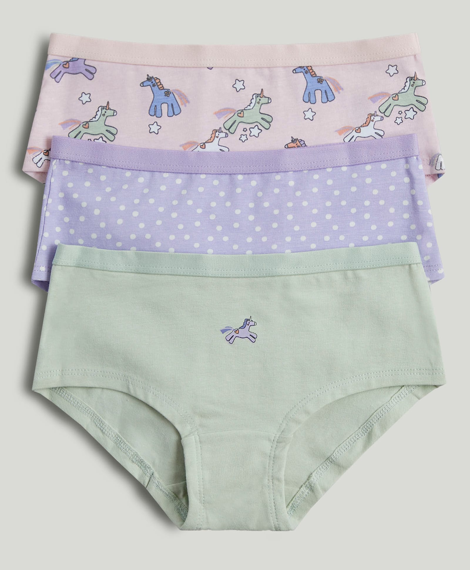 Mothercare Cotton Woven Panties Hipster With Horse & Polka Dot Print Pack Of 3 - Green Purple Pink-picture-0