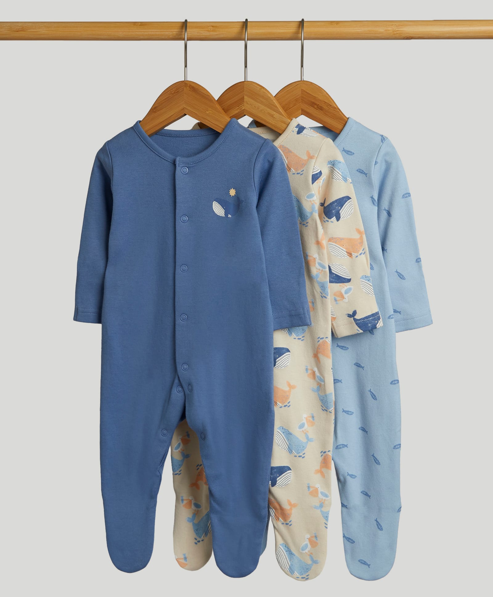 Mothercare Cotton Knit Full Sleeves Sleep Suit with Whale Print Pack of 3 - Blue & Beige-picture-10