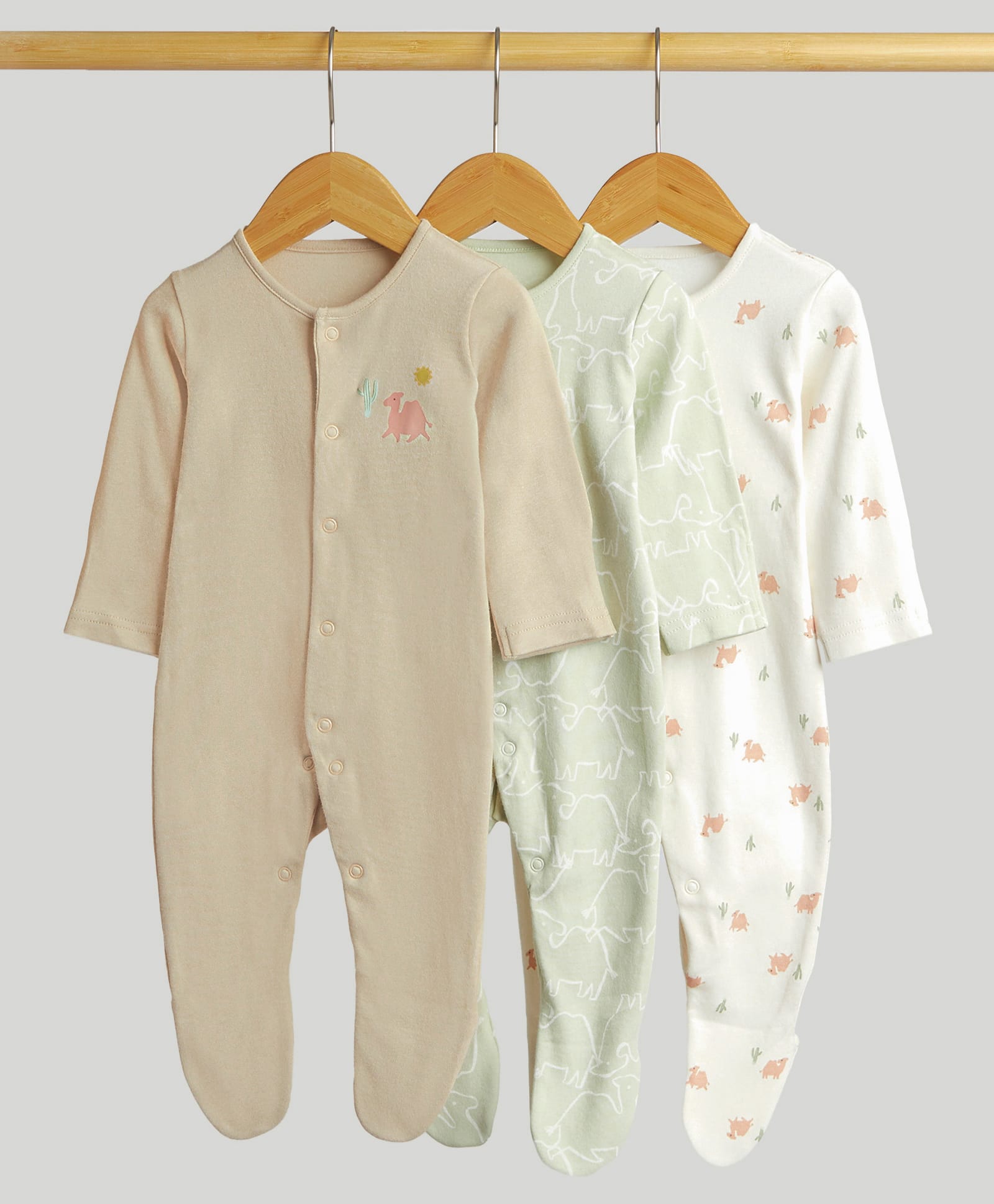 Mothercare Cotton Knit Full Sleeves Sleep Suit with Camel Print Pack of 3 - Beige White & Sea Green-picture-8