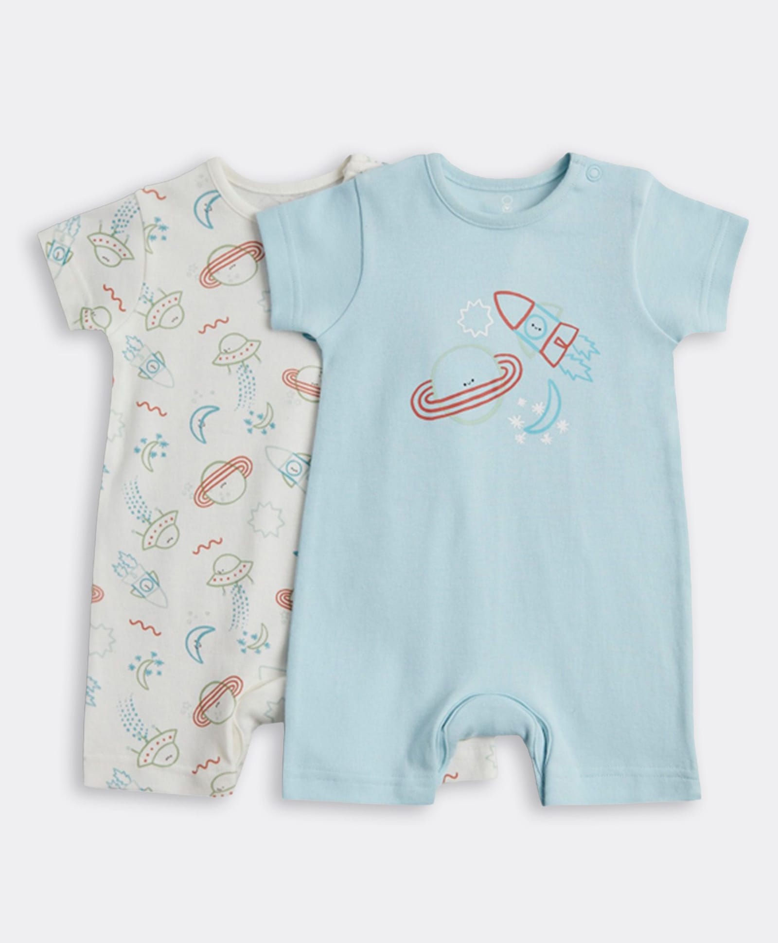 Mothercare 100% Cotton Woven Knit Half Sleeves Rompers With Rocket Print Pack of 2 - Light Blue-picture-28