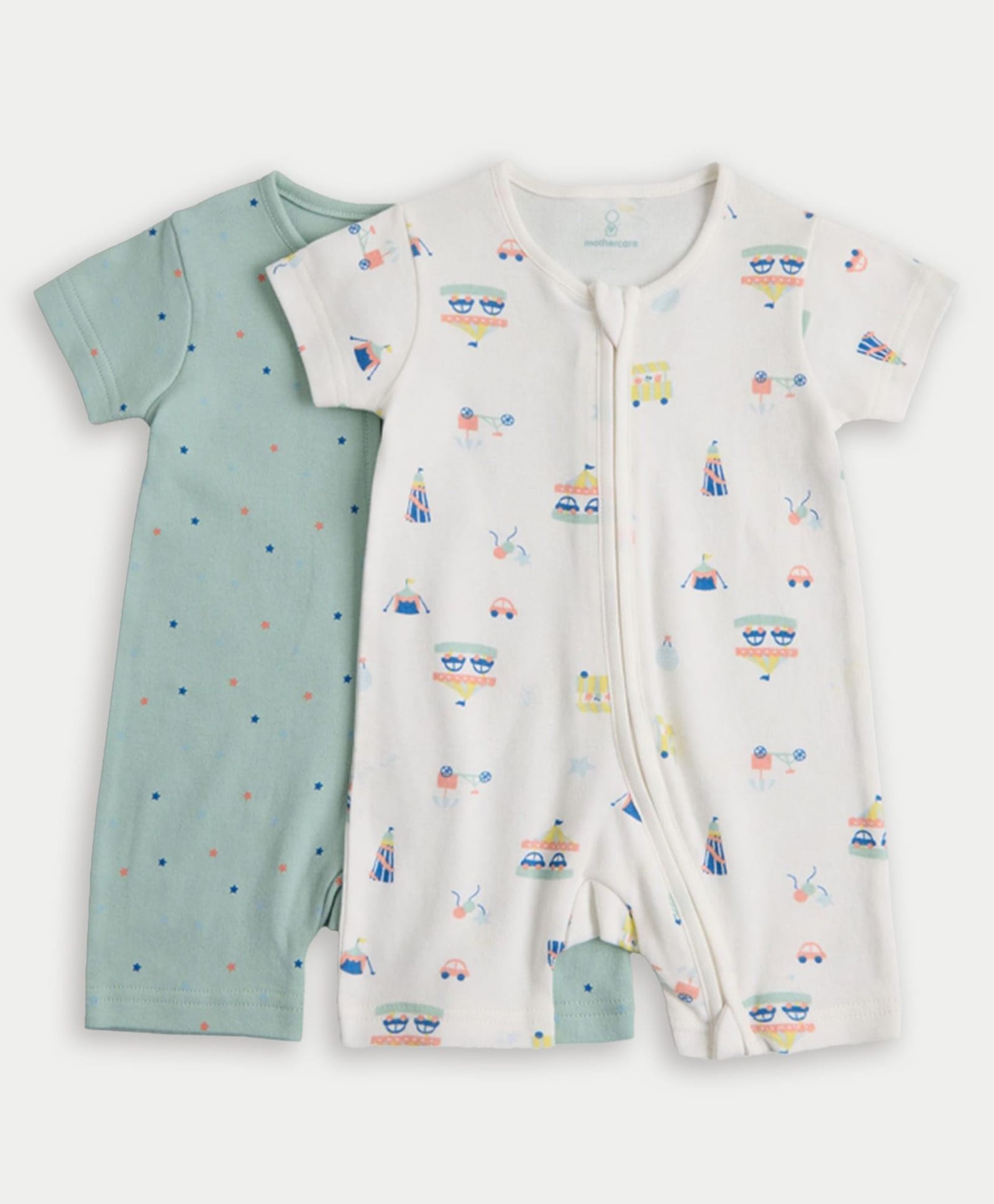 Mothercare 100% Cotton Woven Knit Half Sleeves Star & Vehicle Printed Rompers Pack of 2 - White & Blue-picture-27