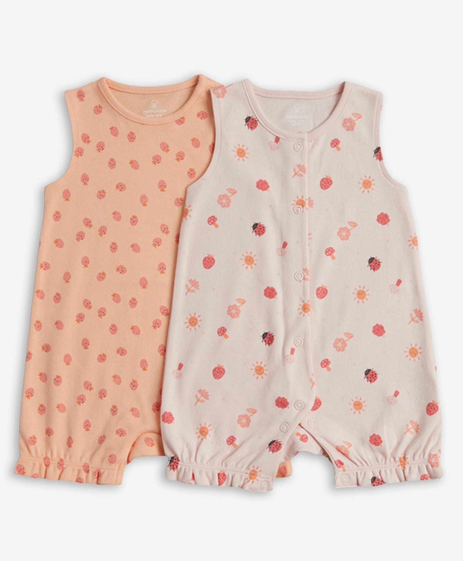 Mothercare 100% Cotton Woven Knit Sleeveless Romper With Sun Print Pack of 2 - Peach & Pink-picture-25