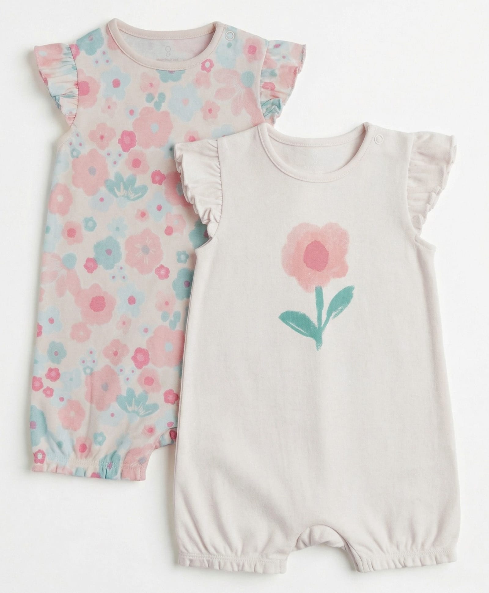 Mothercare 100% Cotton Woven Knit Half Sleeves Rompers With Floral Print Pack of 2 - Off White & Cream-picture-19