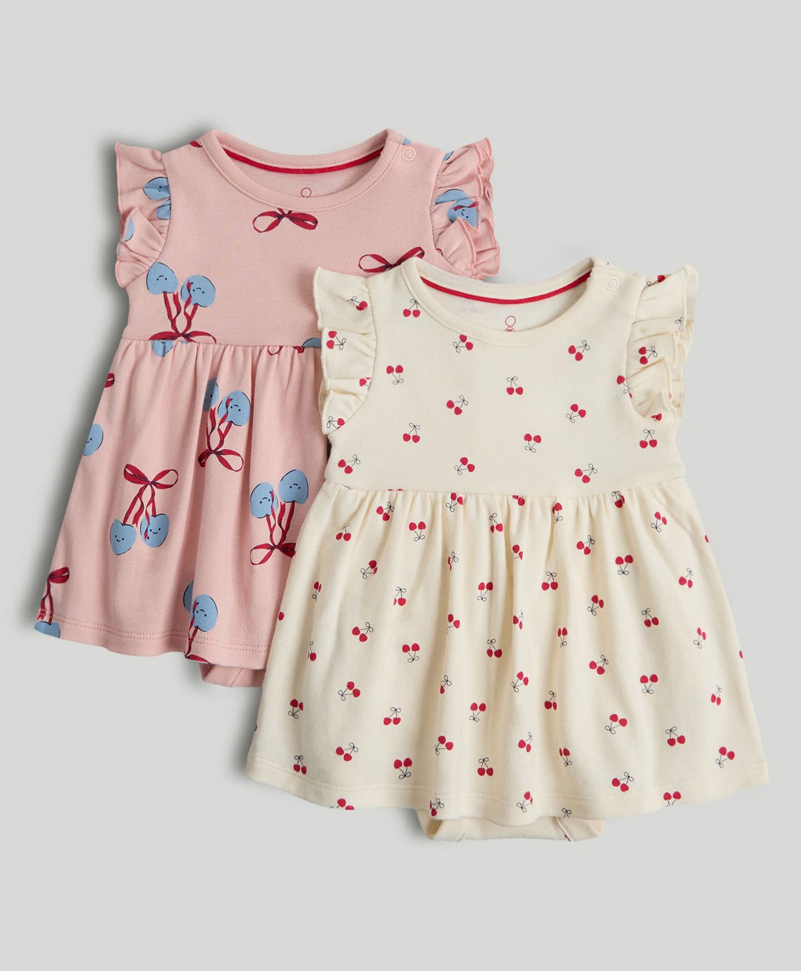 Mothercare 100% Cotton Woven-Knit Onesies with Flutter Sleeves and Cherry Bow Print Pack of 2 - Pink, White-picture-33