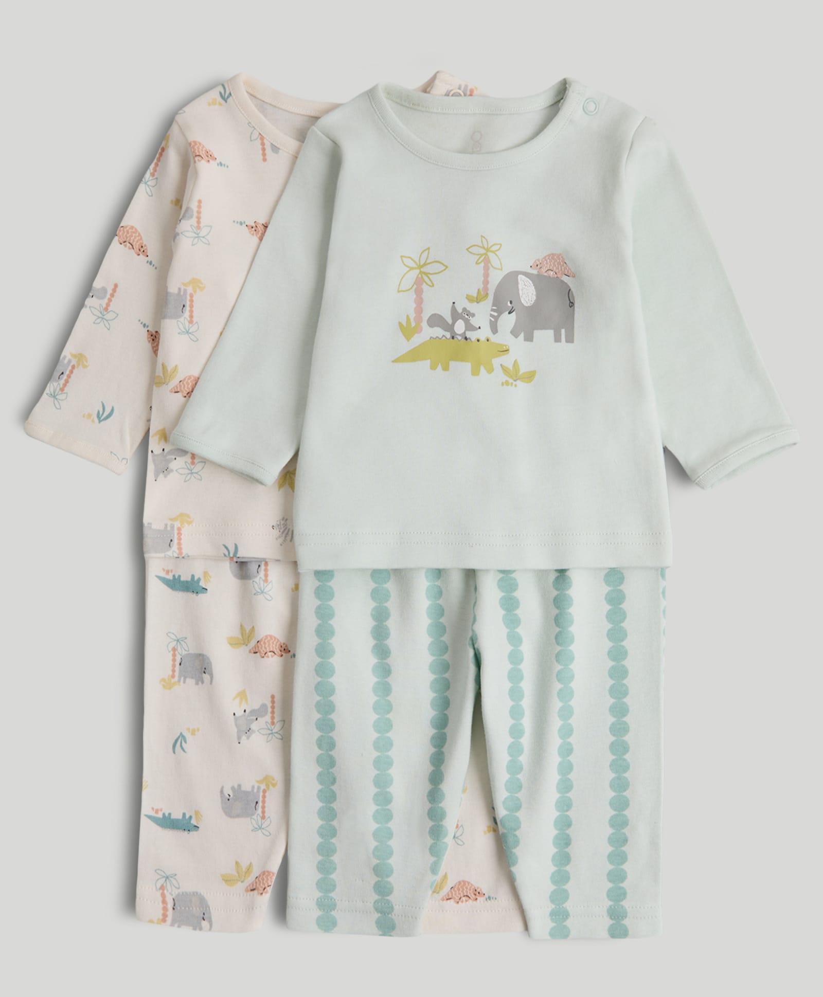Mothercare 100% Cotton Knit Full Sleeves T-Shirts and Pyjamas with Jungle Safari Print Set of 2 - Light Green & Off White-picture-12