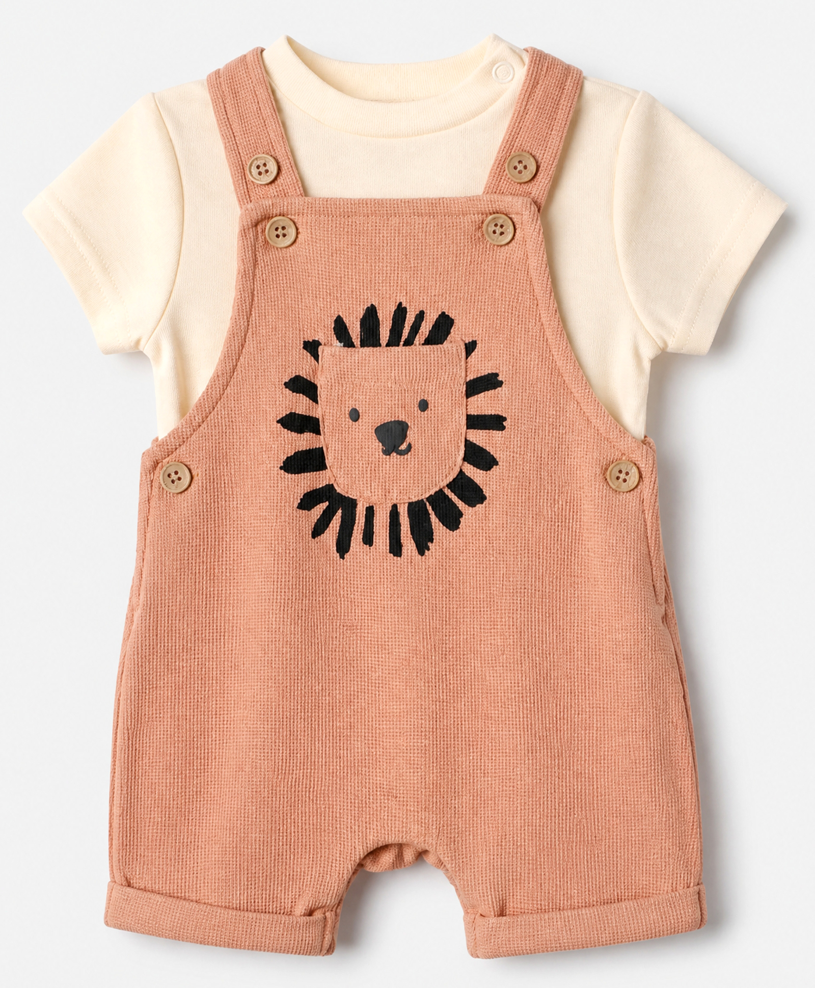 Mothercare Cotton Woven Knit Half Sleeves 2 Piece Dungaree Set With Lion Print - Coral-picture-13