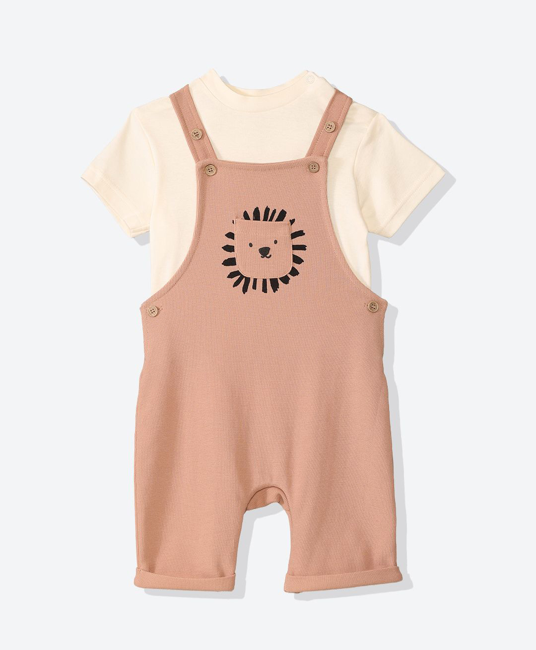 Mothercare Cotton Woven Knit Half Sleeves 2 Piece Dungaree Set With Lion Print - Coral-picture-15