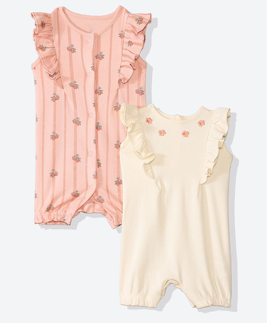 Mothercare 100% Cotton Woven Knit Sleeveless Floral Embroidered Rompers Pack of 2 - Coral & Cream-picture-18
