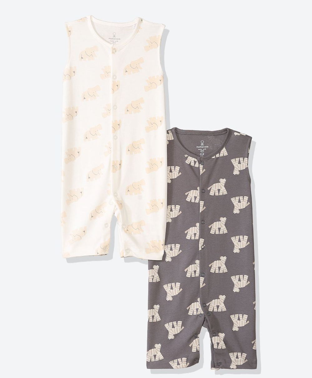 Mothercare Cotton Woven Knit Sleeveless Elephant Printed Rompers Pack of 2 - Charcoal Grey & Yellow-picture-16