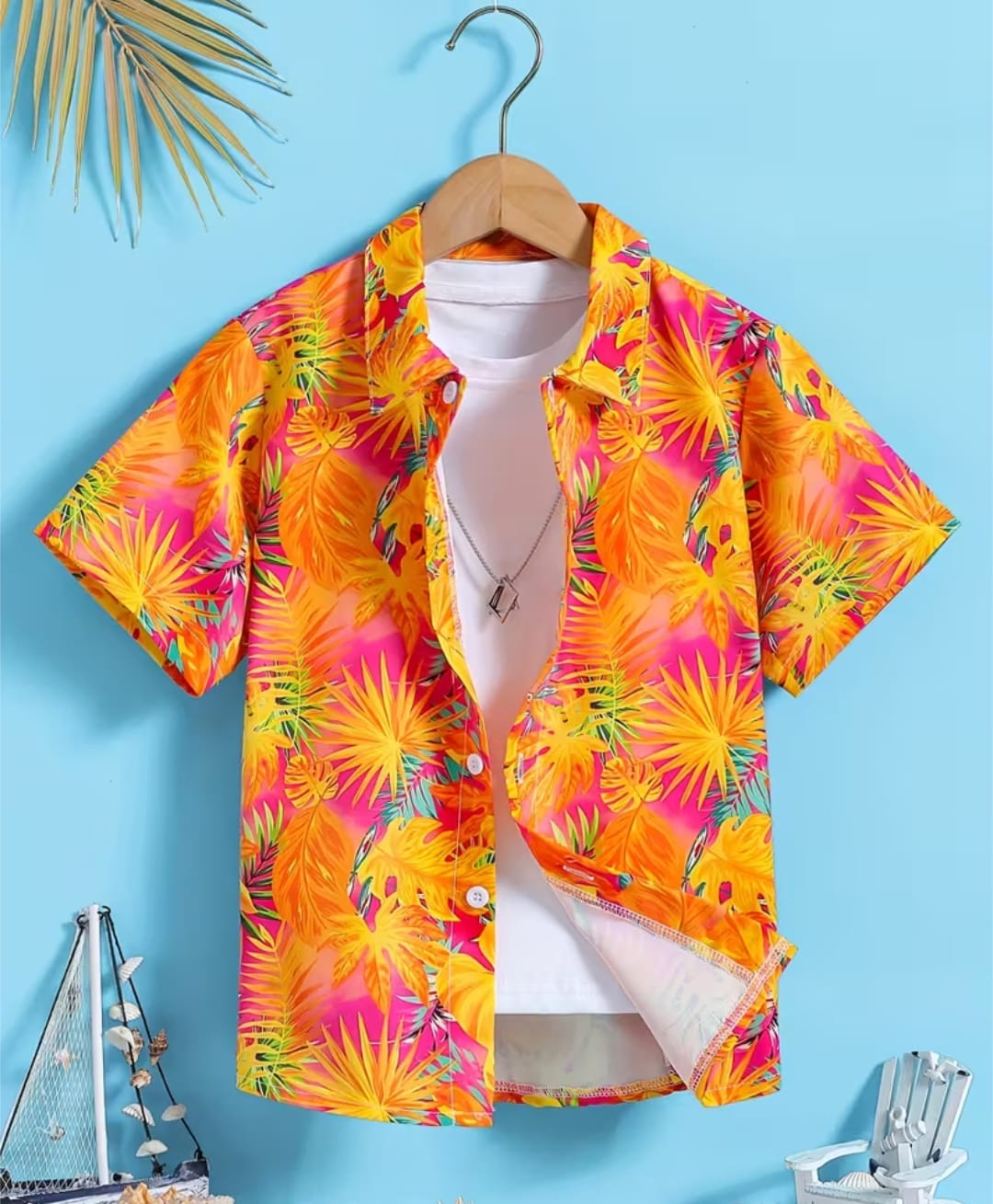 The Kids Club Cotton Blend Woven Half Sleeves Tropical Theme Printed Shirt With Attached Inner Tee - Orange-picture-28