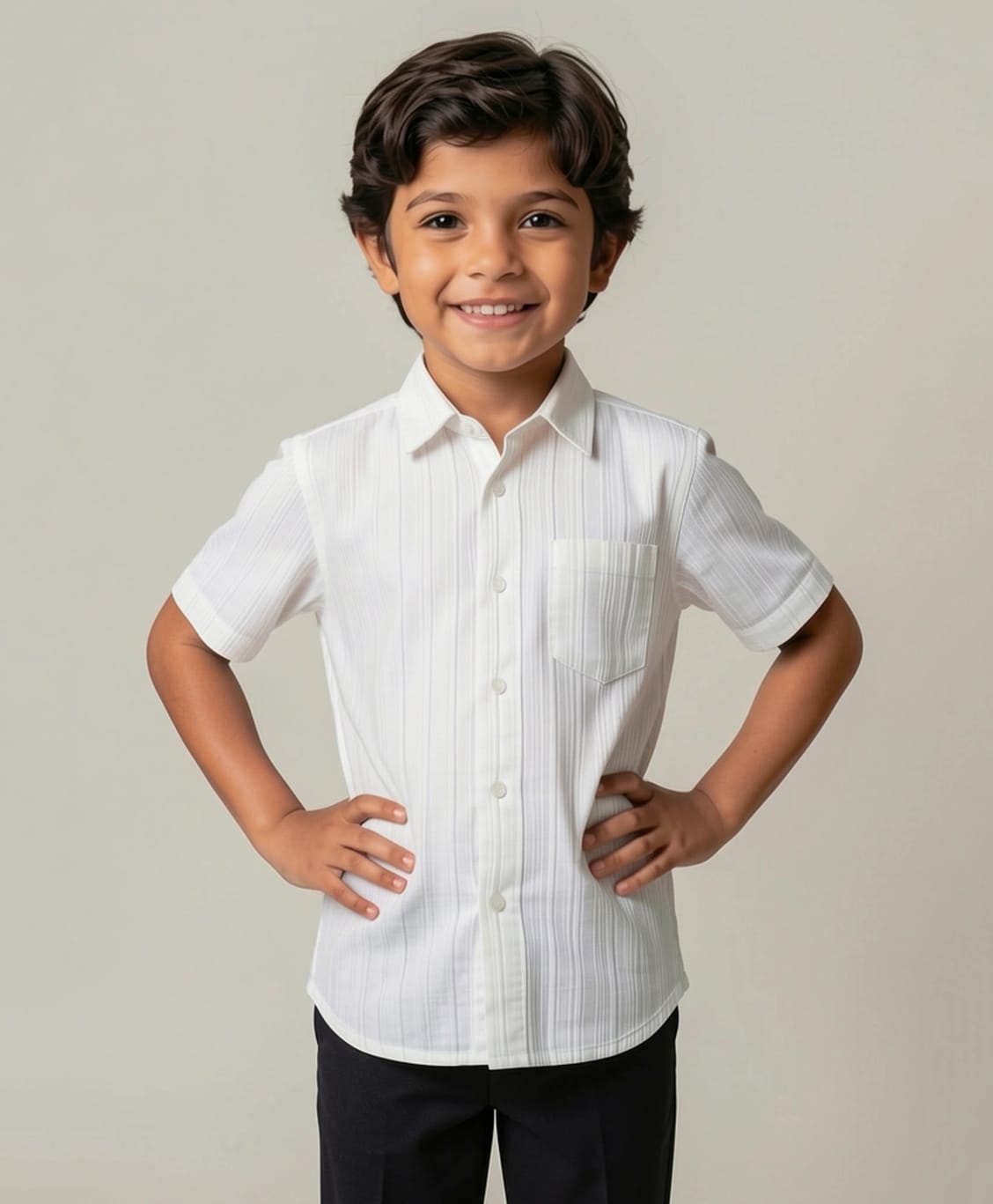 The Kids Club Cotton Blend Woven Half Sleeves Texture Striped Shirt - White-picture-23