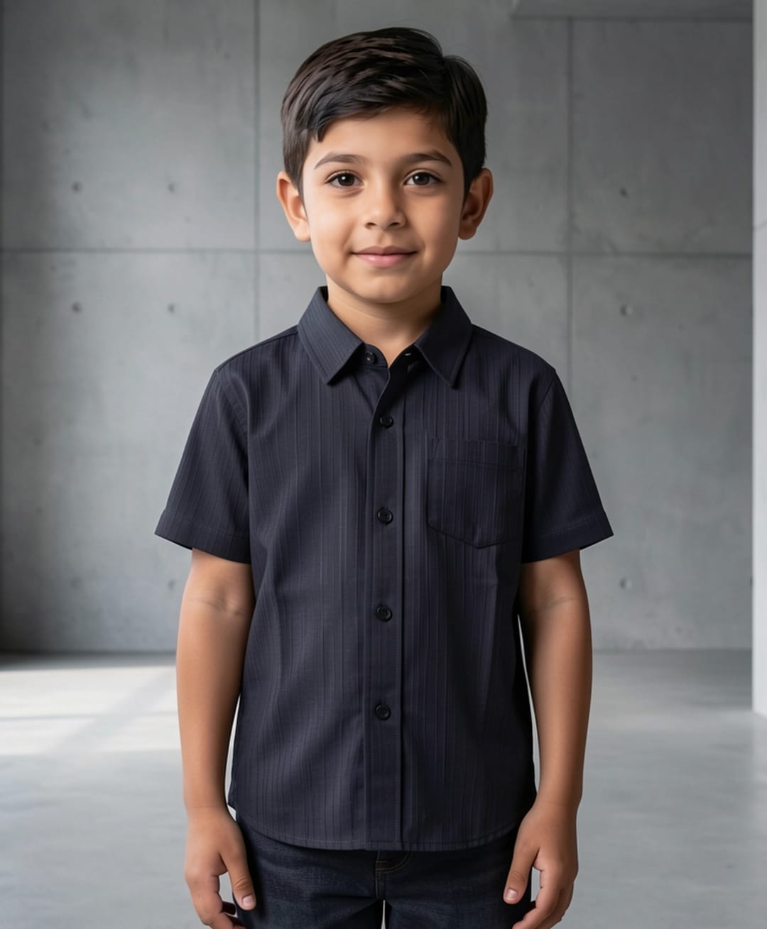 The Kids Club Cotton Blend Woven Half Sleeves Texture Striped Shirt - Black-image-42