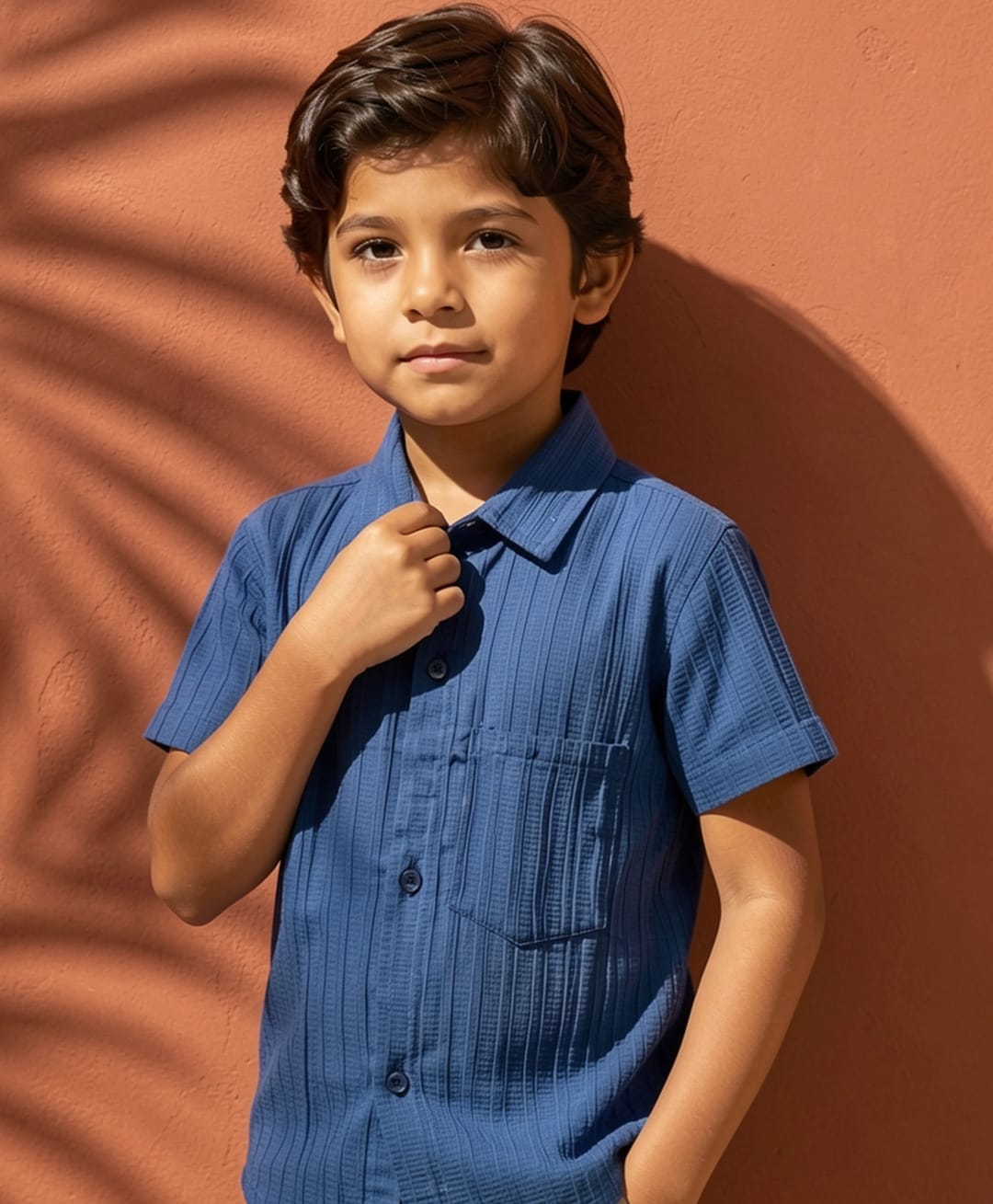 The Kids Club Cotton Blend Woven Half Sleeves Texture Striped Shirt - Blue-picture-31
