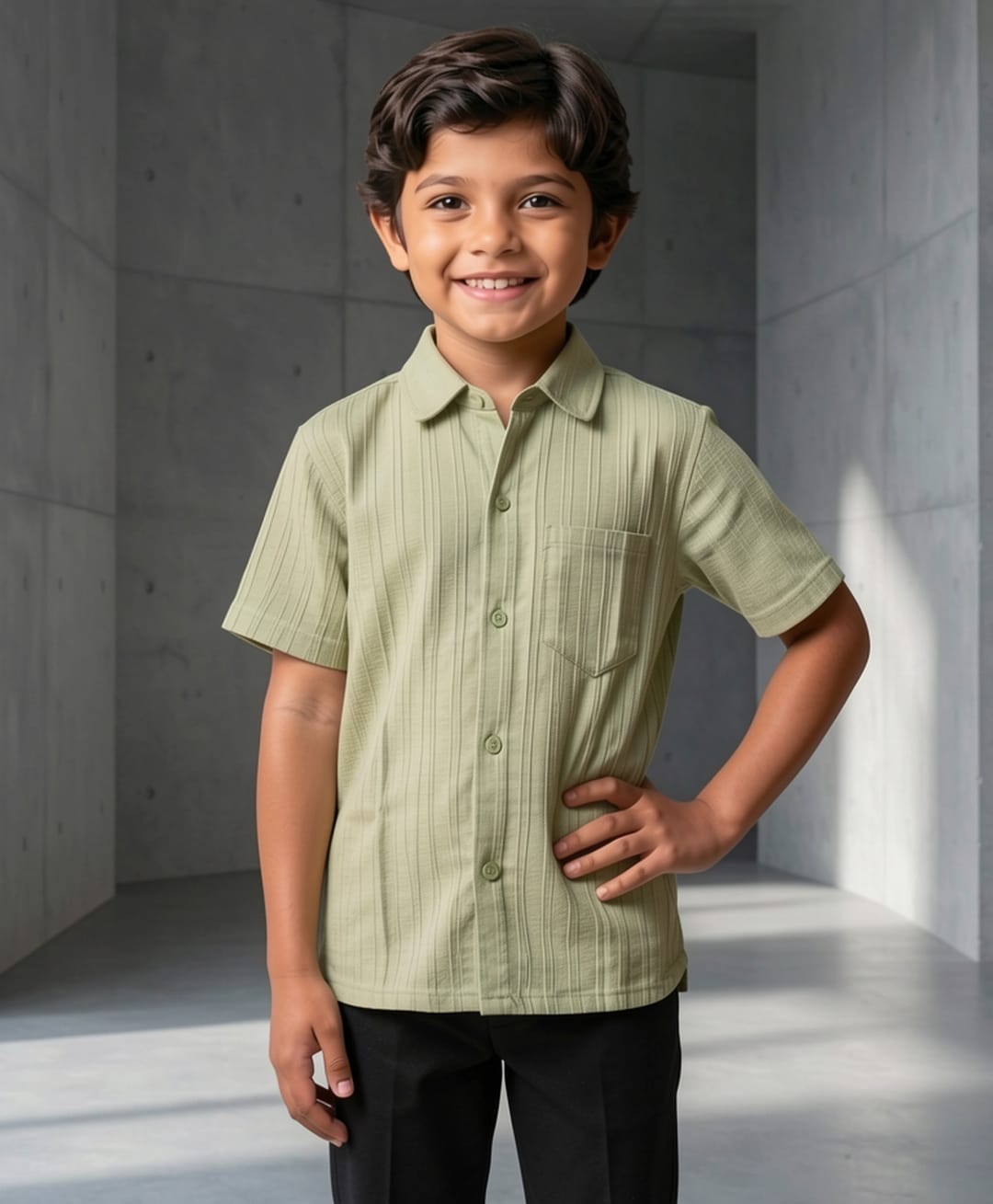 The Kids Club Cotton Blend Woven Half Sleeves Texture Striped Shirt - Green-picture-31