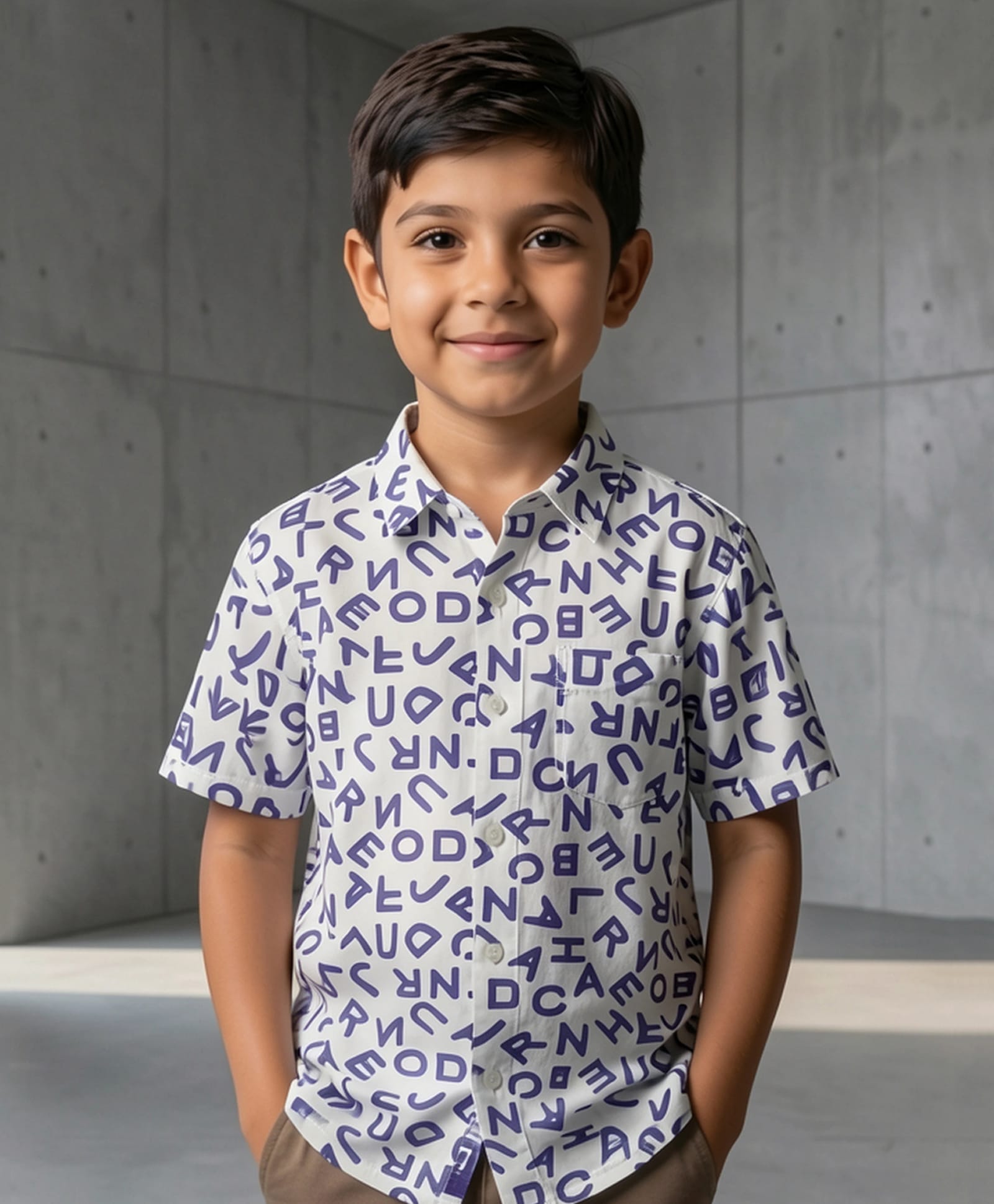 The Kids Club Cotton Blend Woven Half Sleeves Alphabets Printed Shirt - Blue-picture-34
