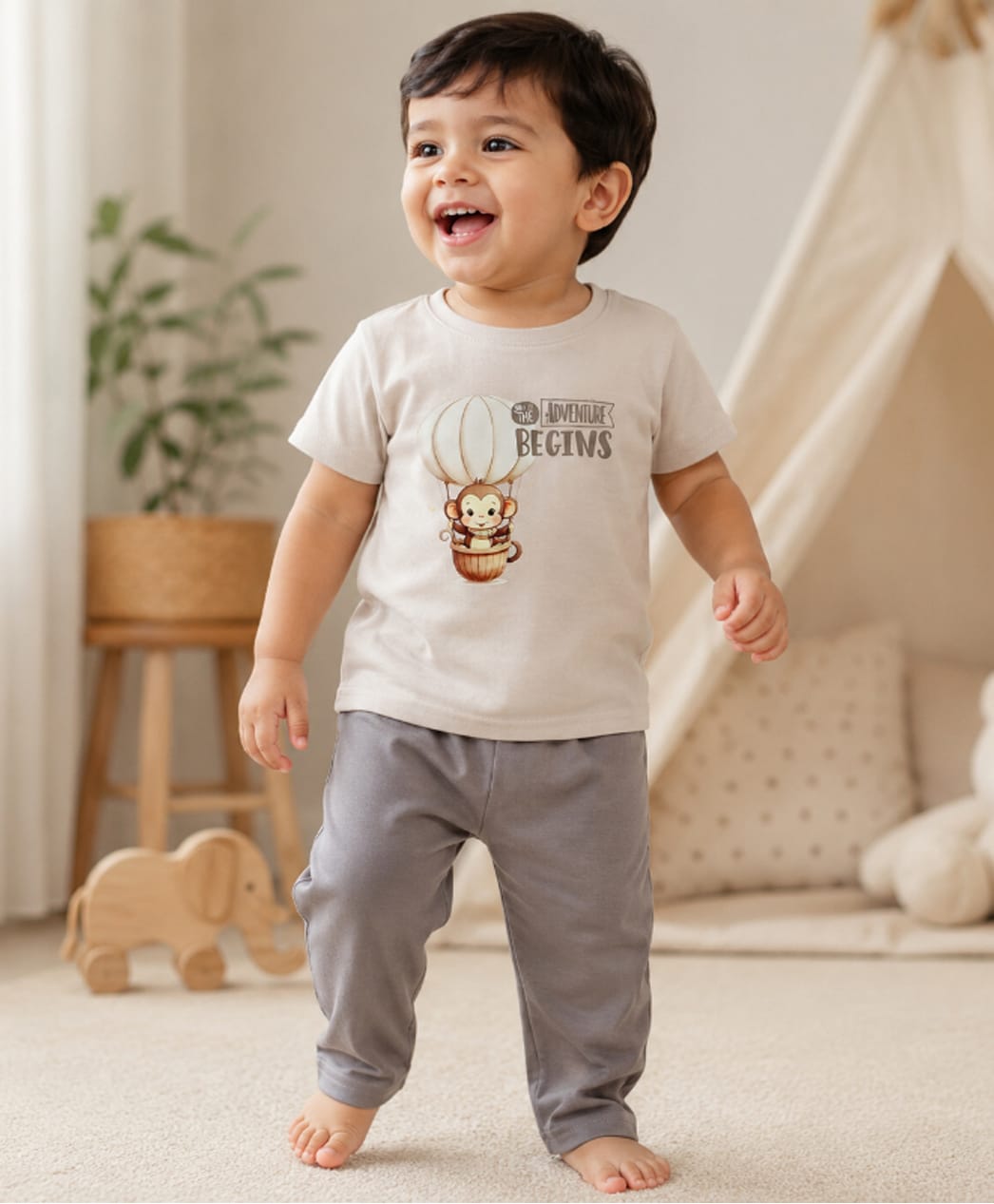 bontots Cotton Lyocell Elastane Knit Half Sleeves Monkey Tee & Pants Set - Beige-image-1