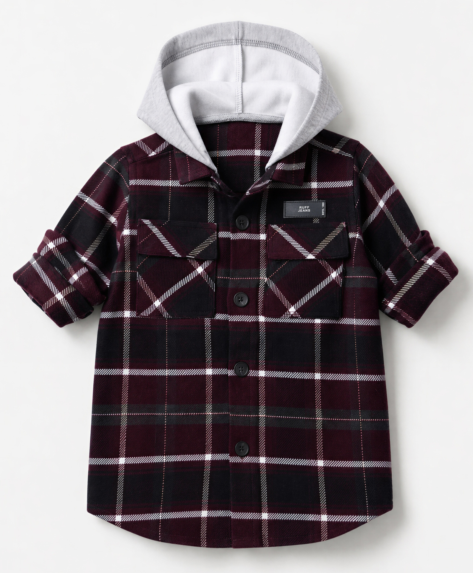 Ruff Tweed Woven Hooded Shacket Shirt with Full Sleeves and Tartan Checks Print - Wine-picture-14