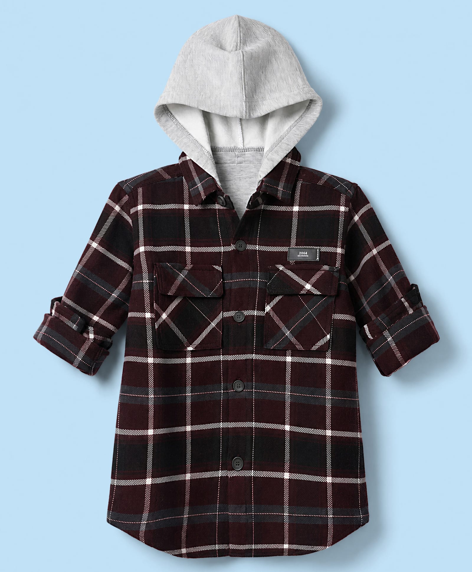 Ruff Flannel Woven Full Sleeves Shacket Shirt with Detachable Cap - Wine-picture-0