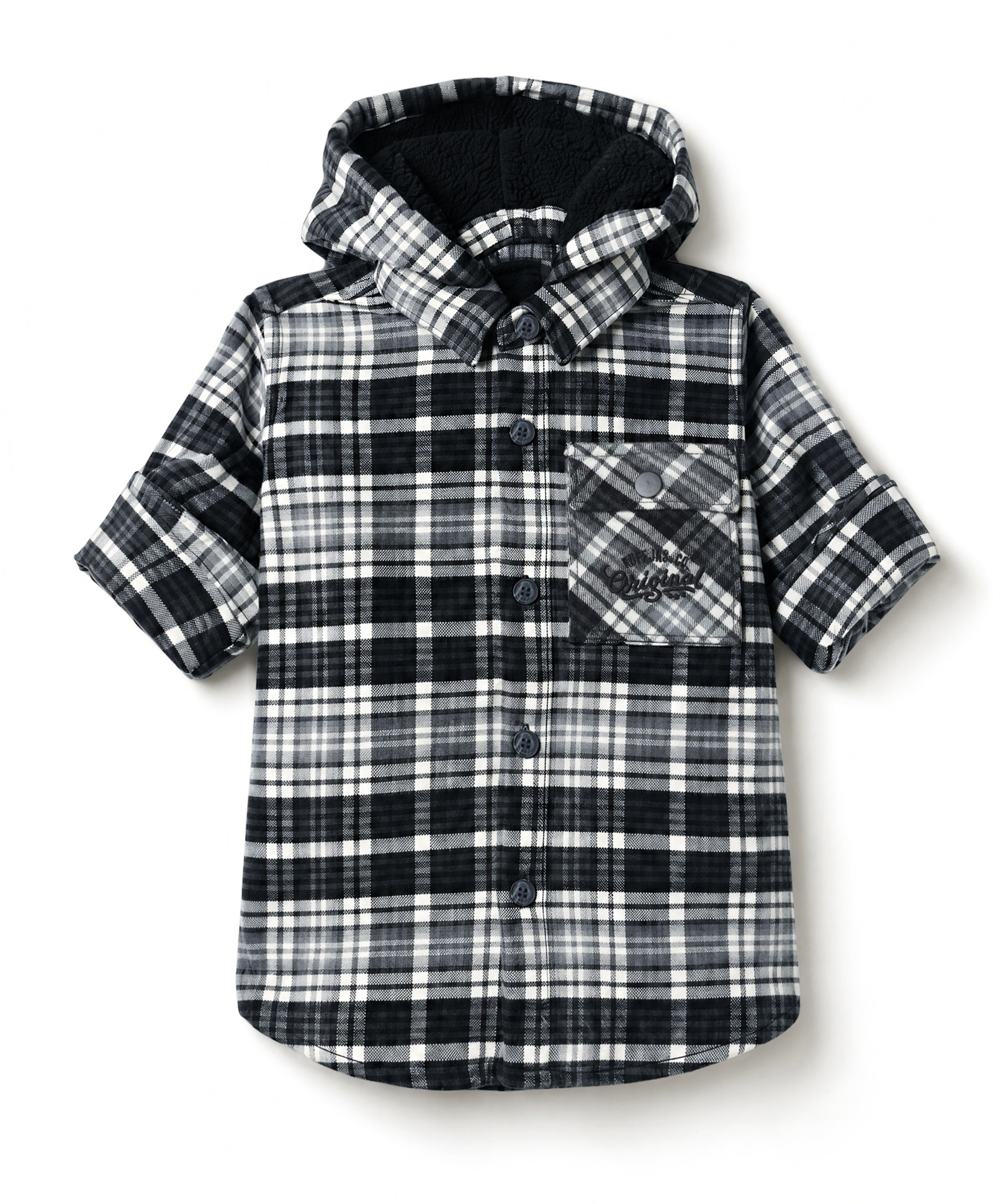 Ruff Tweed Woven Full Sleeves Shacket Checked Shirt with Detachable Cap - Black-picture-12