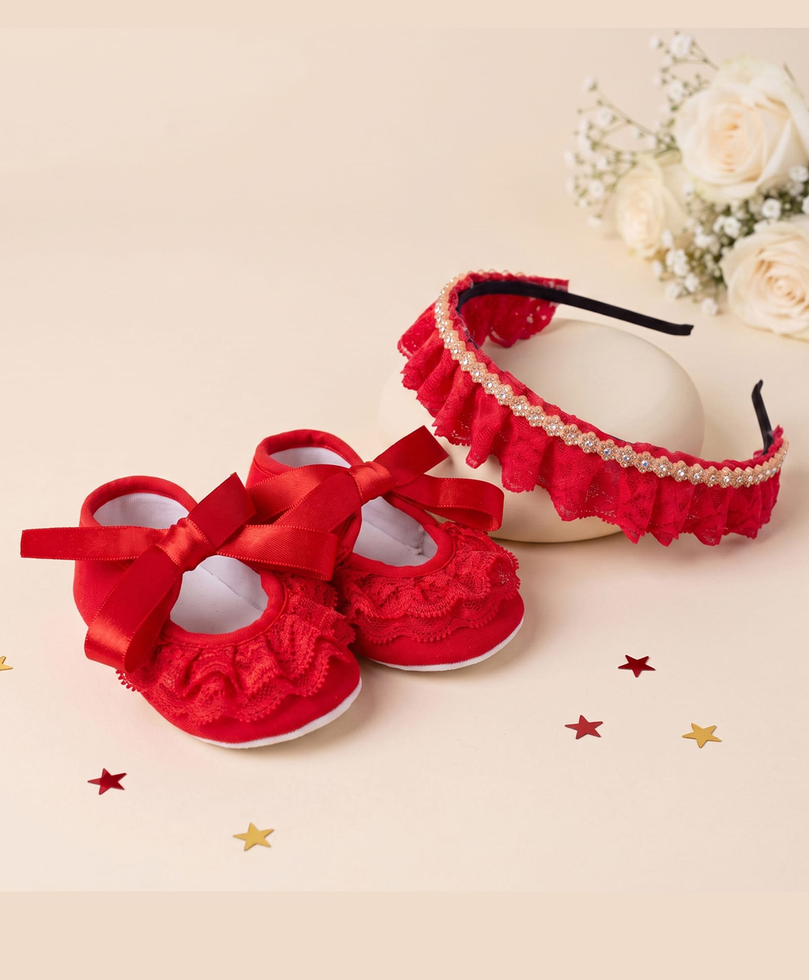 Coco Candy Frill Detailed Booties With Coordinating Hair Band - Red-picture-18