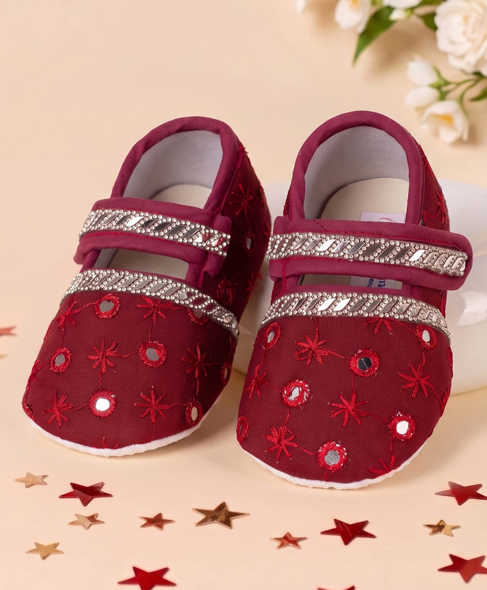Coco Candy Mirror Work Detailed Velcro Closure Booties - Maroon-picture-11