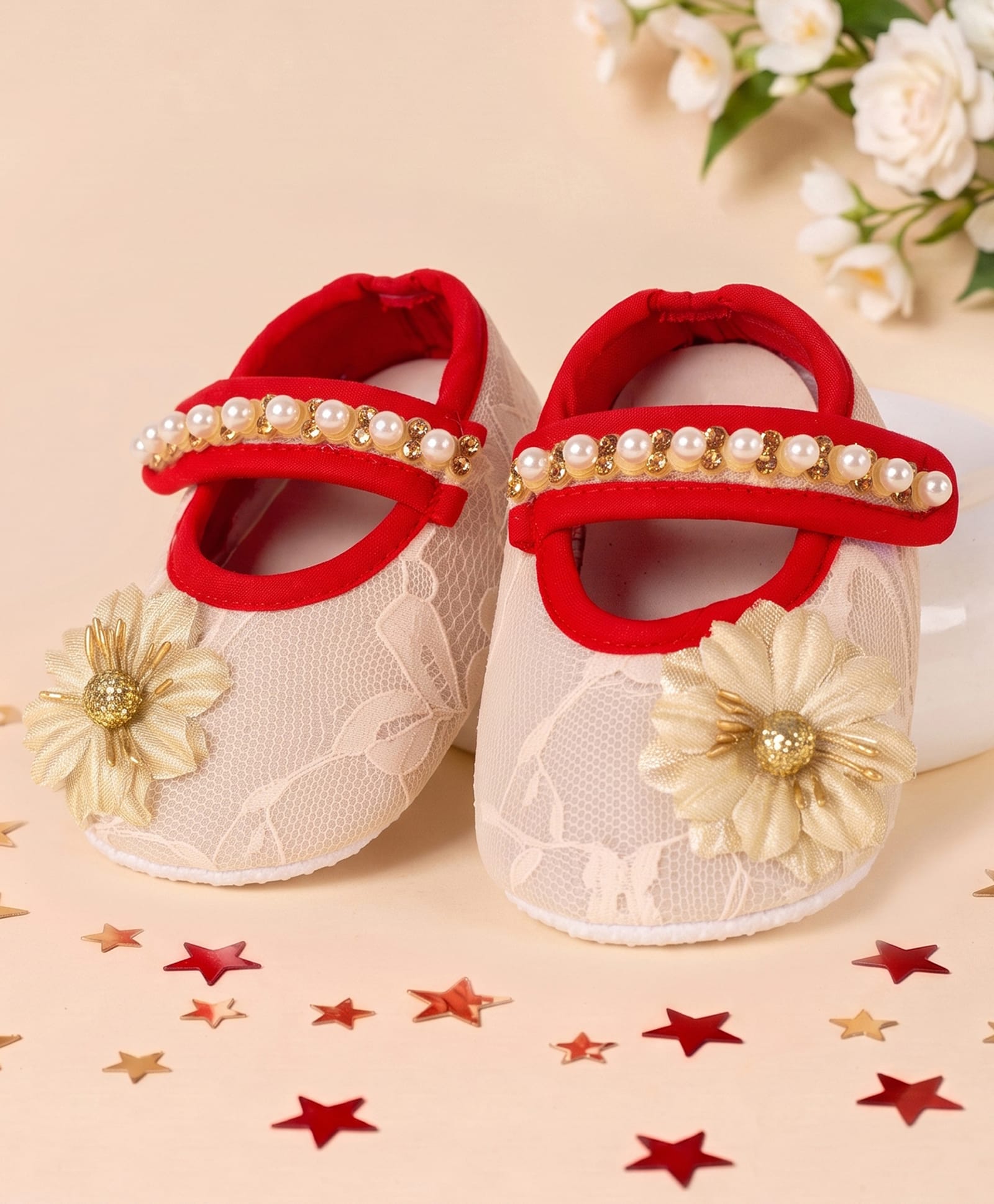 Coco Candy Pearls & Stone Embellished Floral Applique Detailed Velcro Closure Booties - Off White-picture-27