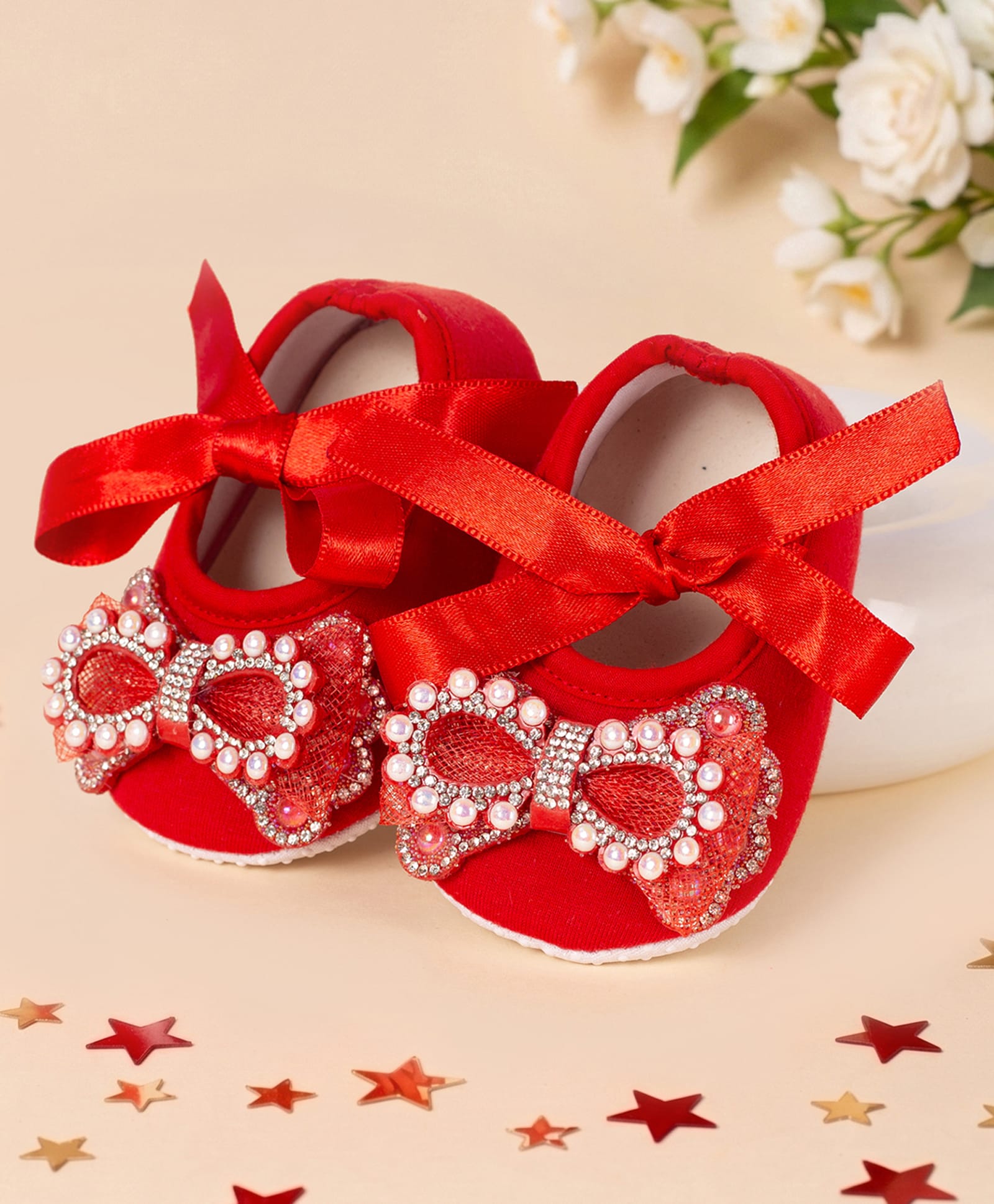 Coco Candy Pearls & Stone Embellished Bow Applique Detailed Velcro Closure Booties - Red-picture-4