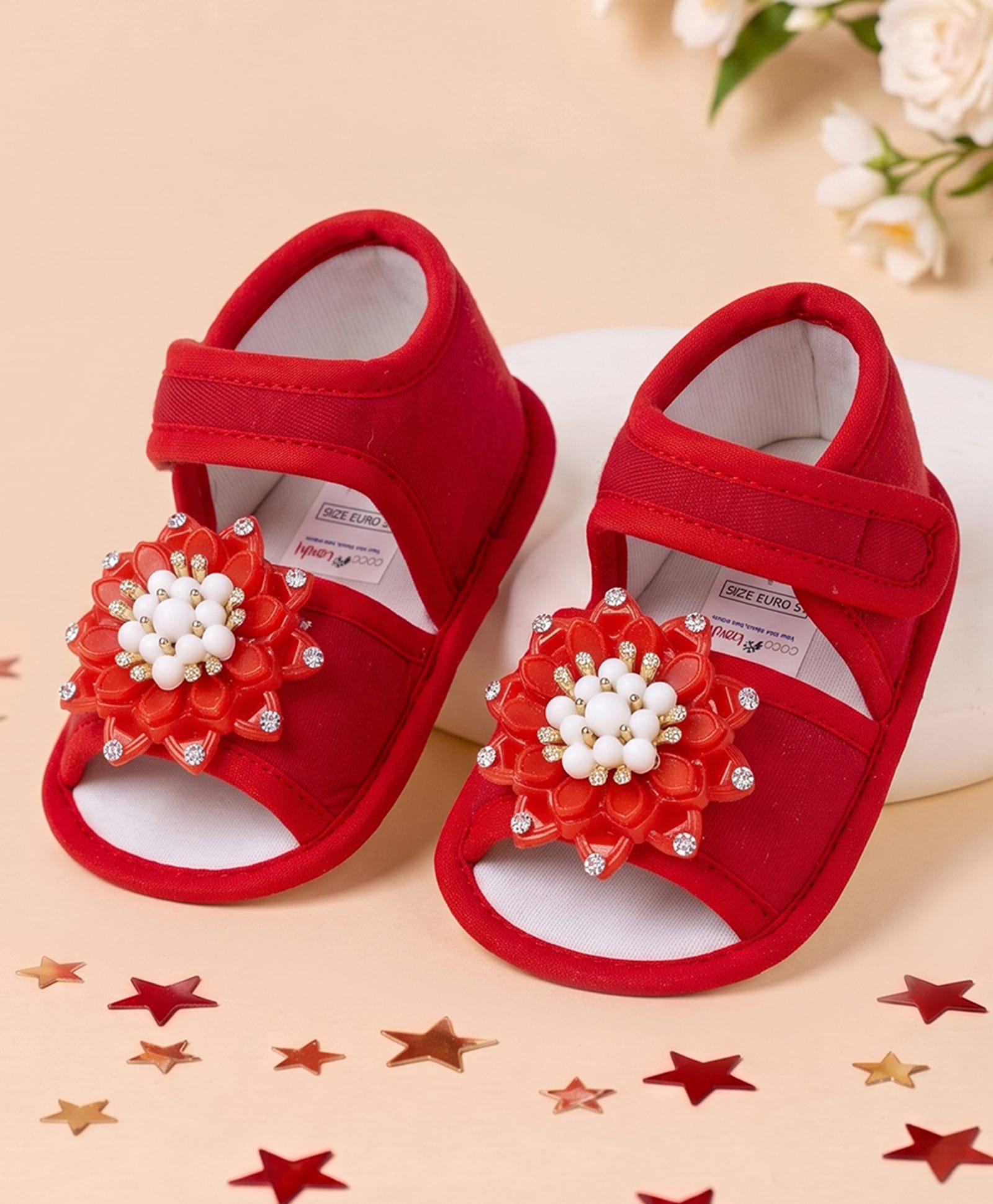 Coco Candy Pearl & Floral Embellished Floral Applique Detailed Velcro Closure Booties - Red-image-12