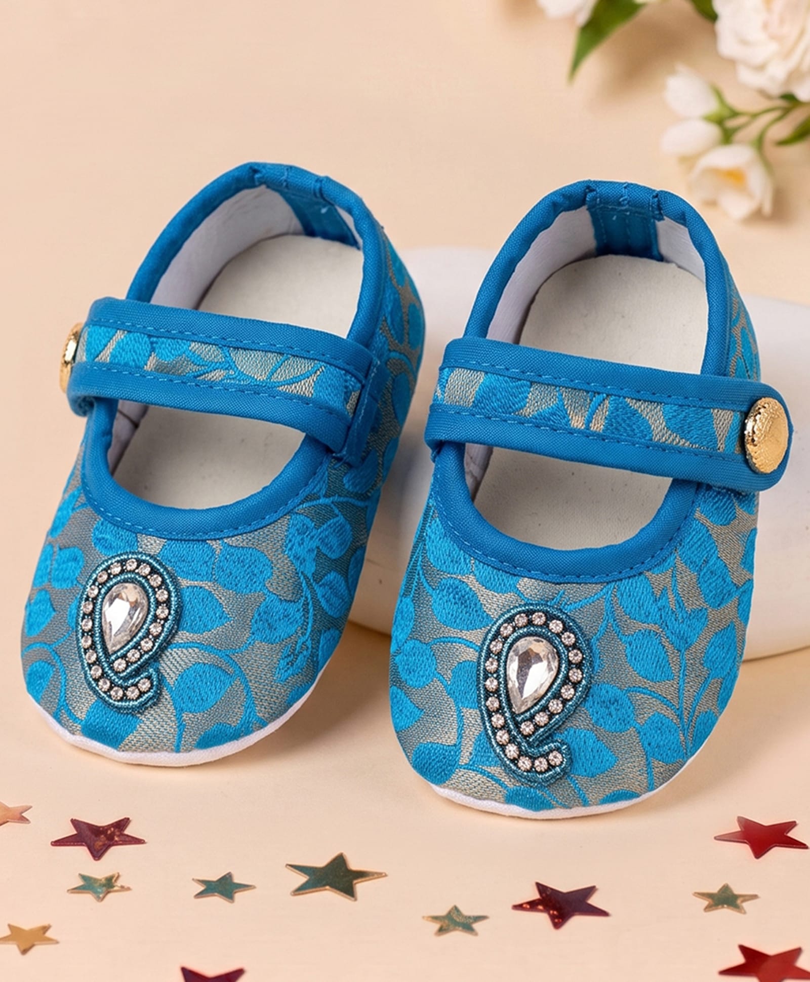 Coco Candy Stones Embellished Paisley Designed Velcro Closure Booties - Blue-picture-42