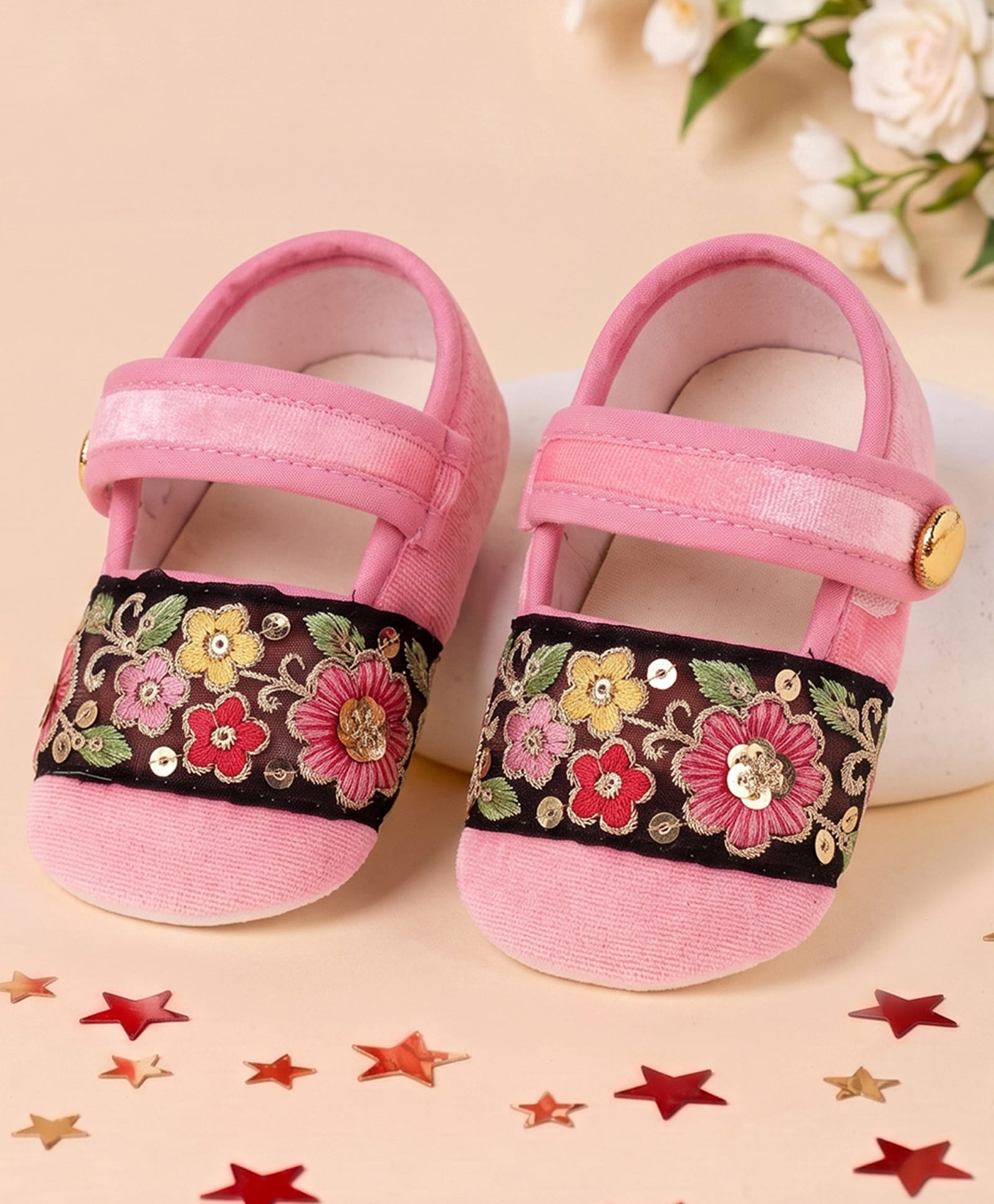 Coco Candy Sequins Embellished Floral Embroidered Velcro Closure Booties - Pink-picture-41